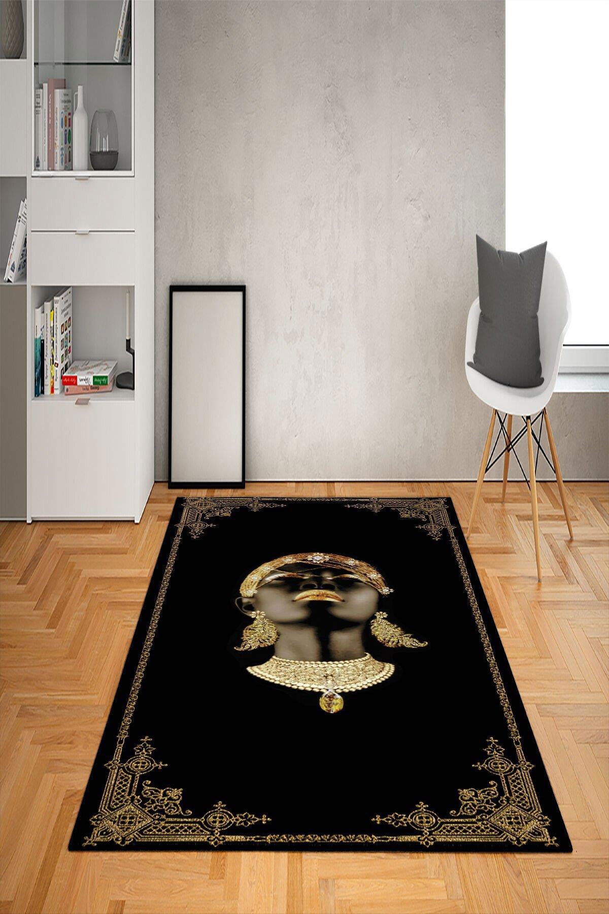 Doruklar Home Collection Altın-Siyah 0.7 mm Polyester Antibakteriyel Yıkanabilir Kalın Kaymaz Taban Dikdörtgen Makine Dokuma Salon Halısı 160x230 cm