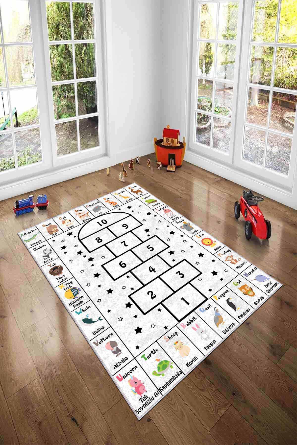 Viva Home AR318 Ekru 7 mm Mikropolyester Silinebilir Yıkanabilir Orta Kaymaz Figürlü Dikdörtgen Makine Dokuma Çocuk Odası Halısı 80x400 cm