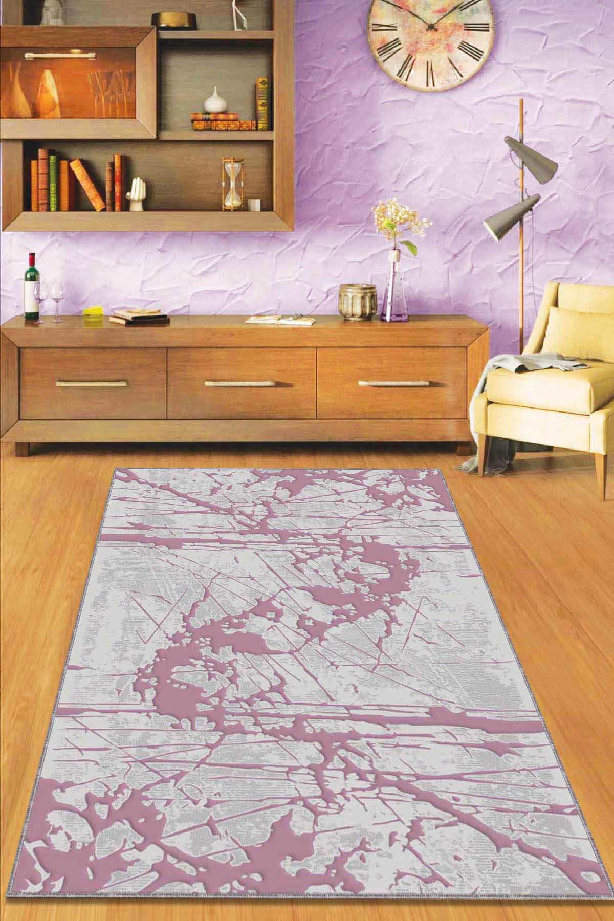 Viva Home EF005 Pembe 7 mm Mikropolyester Leke Tutmaz Yıkanabilir İnce Kaymaz Dot Taban Dikdörtgen Makine Dokuma Salon Halısı 120x200 cm
