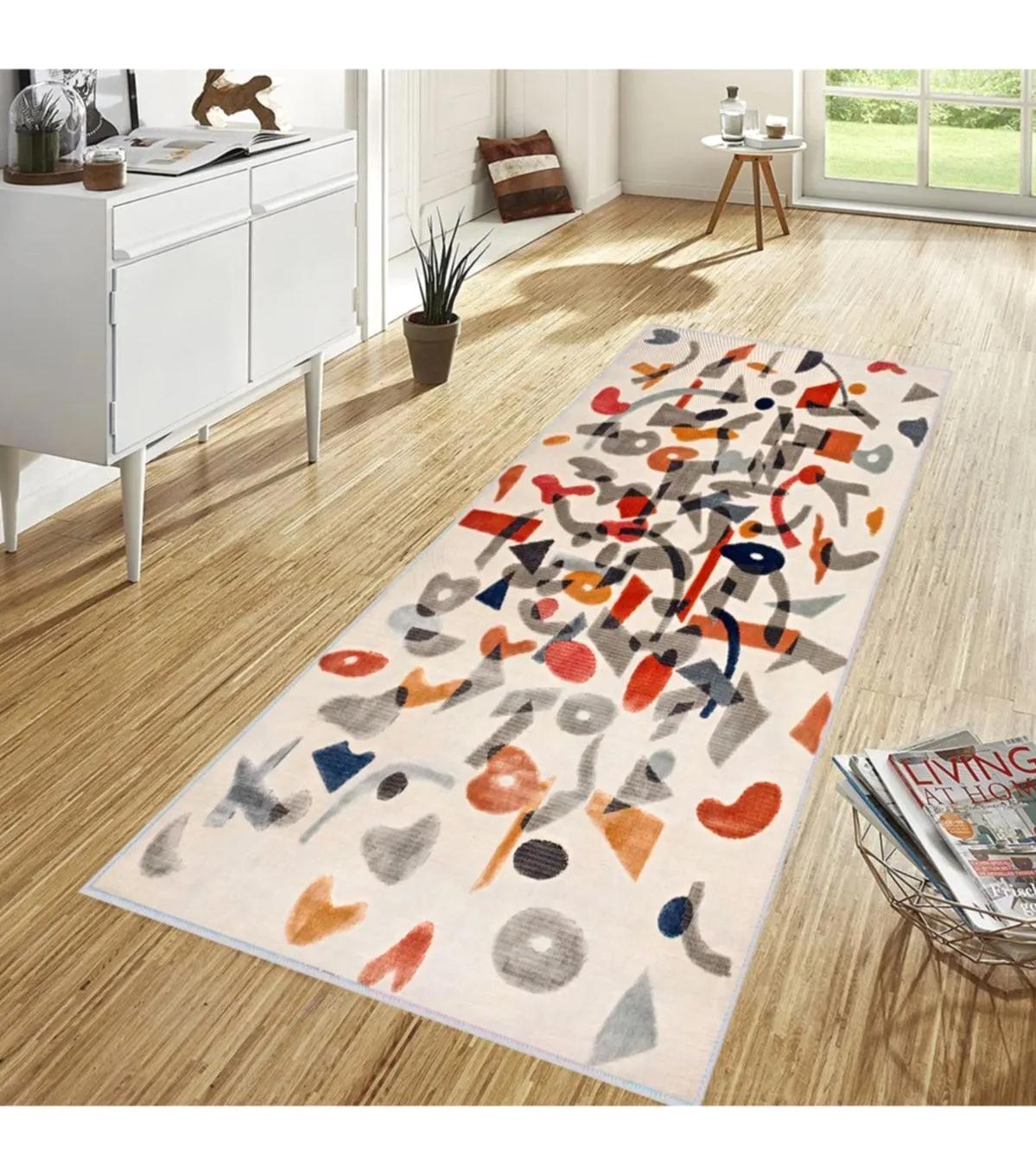 Rovigo Home RVG1670 Krem 8 mm Polyester Leke Tutmaz-Toz Tutmaz Yıkanabilir İnce Kaymaz Dot Taban Dikdörtgen Makine Dokuma Salon Halısı 80x150 cm