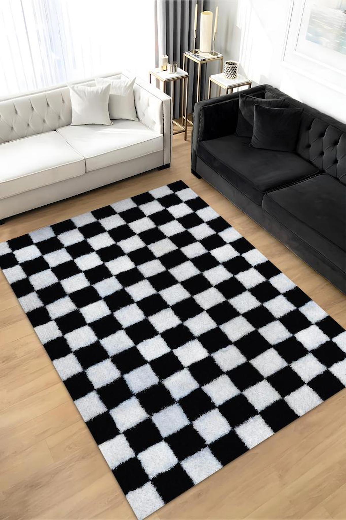 Homshtag Beyaz - Siyah 4 mm Pamuk Antistatik Yıkanabilir İnce Kaymaz Dikdörtgen Makine Dokuma Salon Halısı 160x230 cm