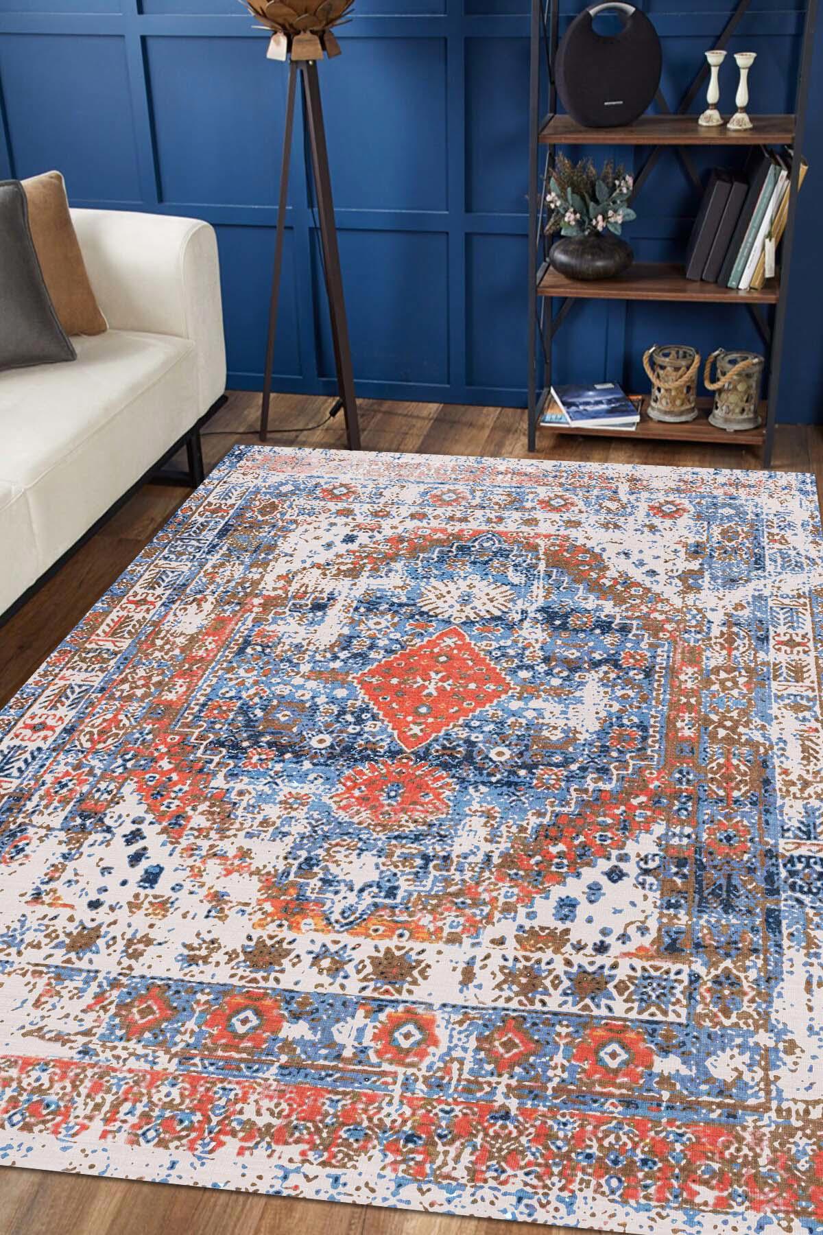 İlyaki Home Mallor Krem 0.5 mm Pamuk Leke tutmaz Yıkanabilir İnce Kaymaz Pamuk Taban Dikdörtgen Makine Dokuma Salon Halısı 60x100 cm