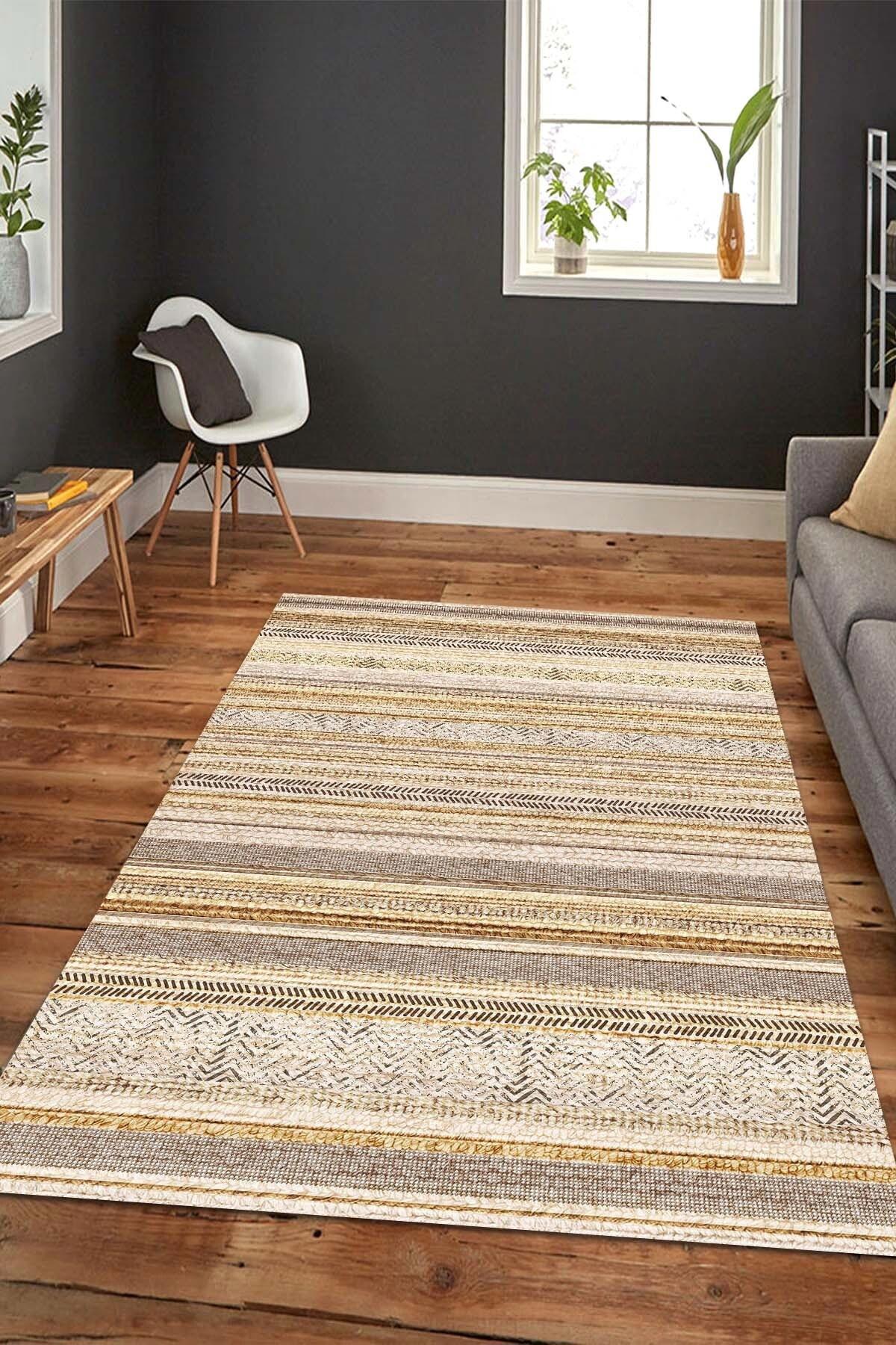 Latte Dizayn Alexis Krem 0.5 mm Pamuk Yıkanabilir İnce Kaymaz Jüt Taban Dikdörtgen Makine Dokuma Salon Halısı 100x150 cm
