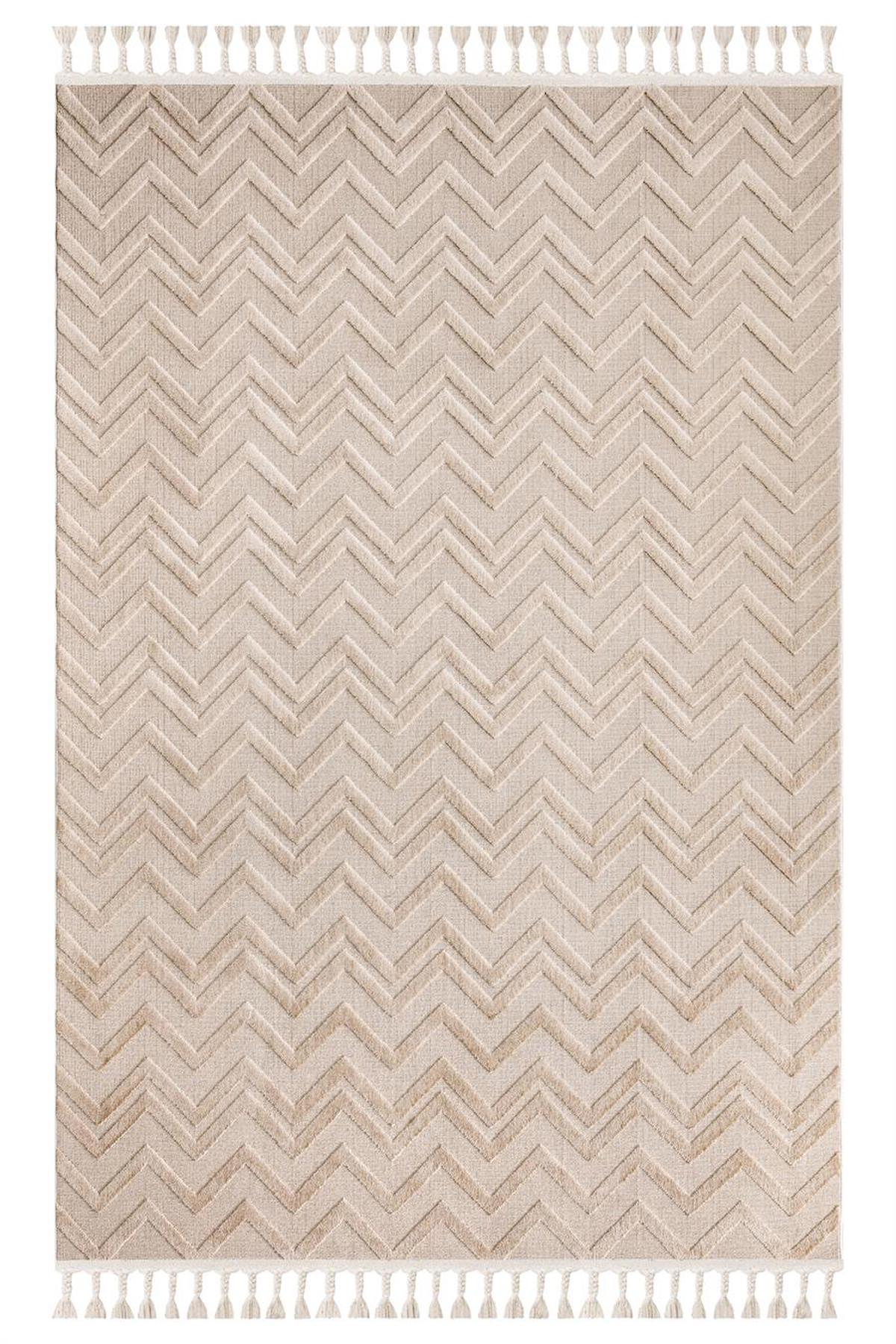 İpek Mekik Halı Lux 11701 Bej 11 mm Polyester Yıkanabilir Orta Kaymaz Pamuk Taban Geometrik Dikdörtgen Makine Dokuma Antre-Çocuk Odası-Salon-Yatak Odası Halısı 160x230 cm