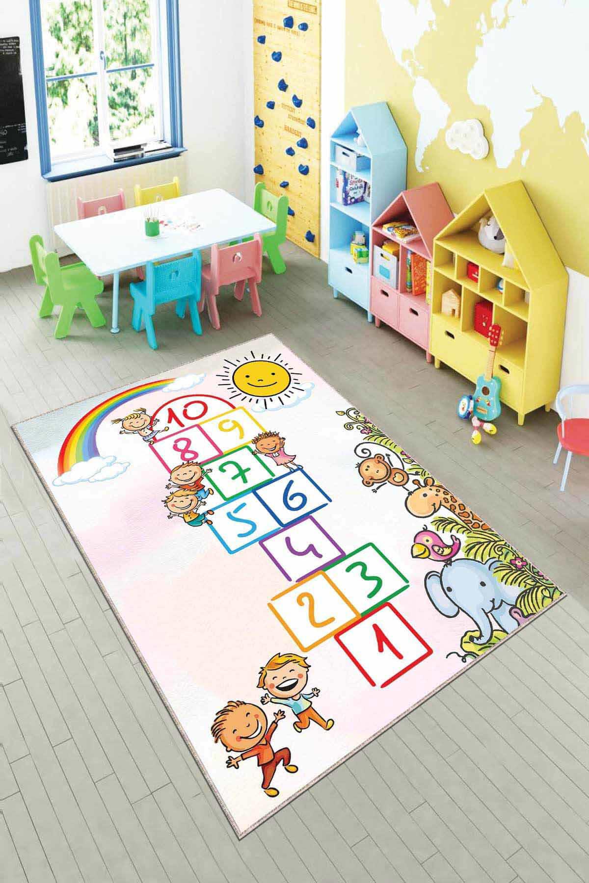 Viva Home AR776 Krem 7 mm Mikropolyester Leke Tutmaz Yıkanabilir Orta Kaymaz Dot Taban Dikdörtgen Makine Dokuma Çocuk Odası Halısı 80x150 cm