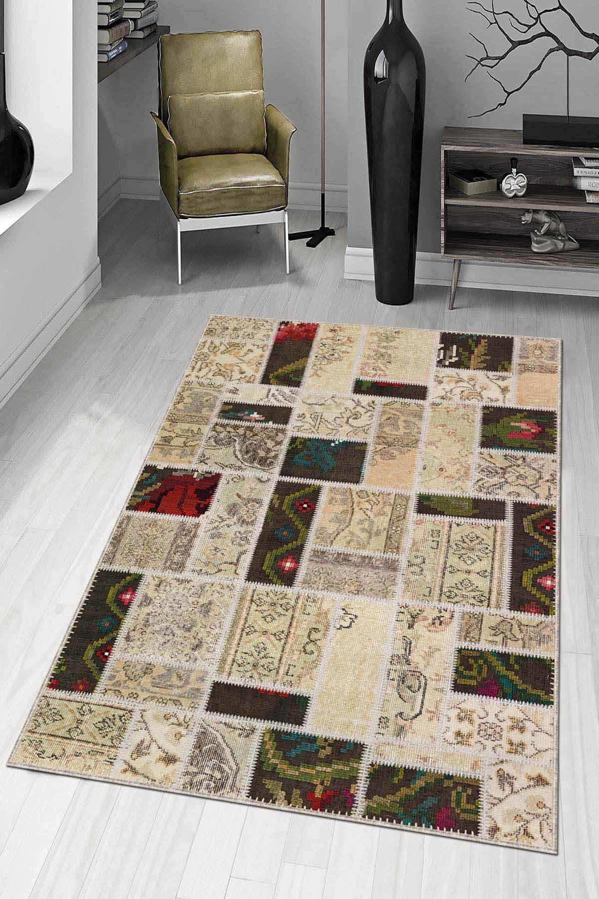 Viva Home AR1060 Krem 7 mm Mikropolyester Toz Tutmaz Yıkanabilir İnce Kaymaz Lateks Taban Dikdörtgen Makine Dokuma Halı 120x180 cm