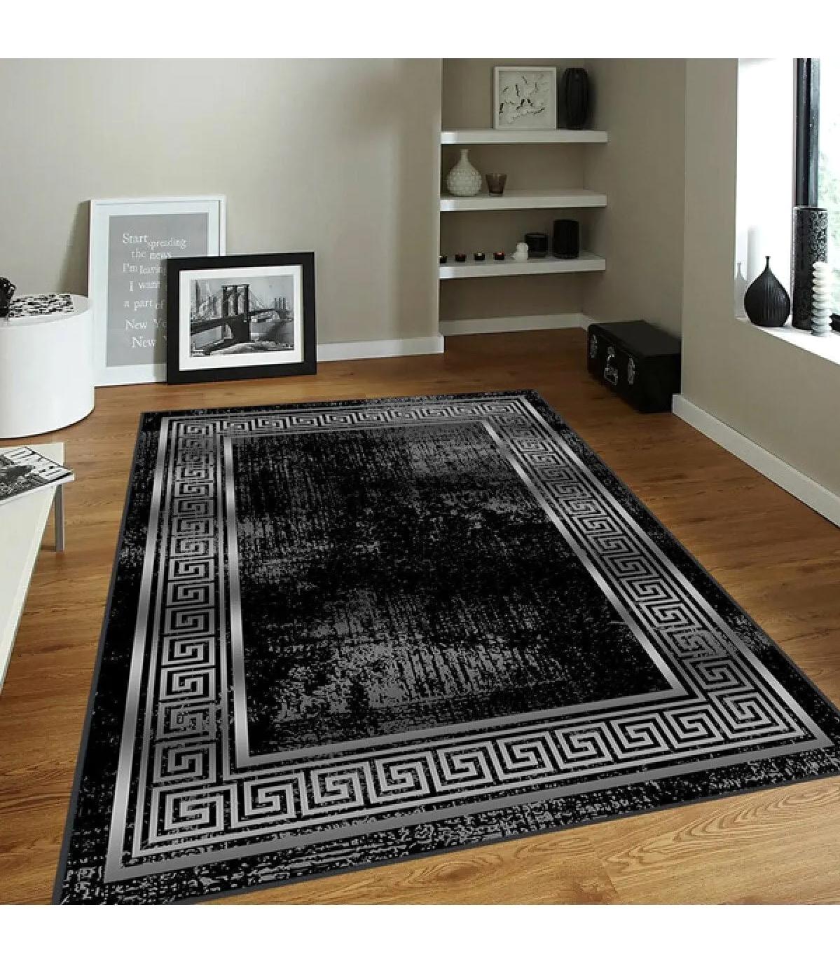 Rovigo Home RVG0083-SD870 Gri-Siyah 8 mm Polyester Yıkanabilir Orta Kaymaz Dot Taban Dikdörtgen Makine Dokuma Salon Halısı 180x180 cm