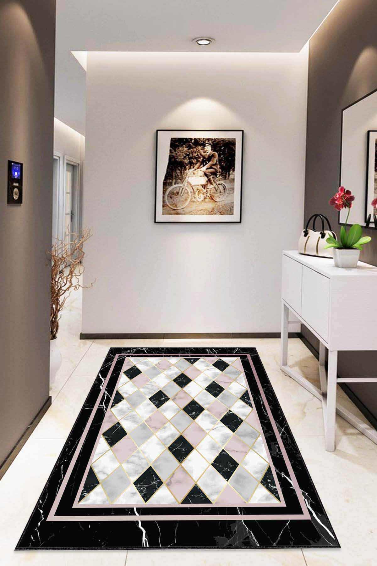 Viva Home RV141 Pembe 7 mm Mikropolyester Antibakteriyel Yıkanabilir İnce Kaymaz Dot Taban Dikdörtgen Makine Dokuma Salon Halısı 100x150 cm