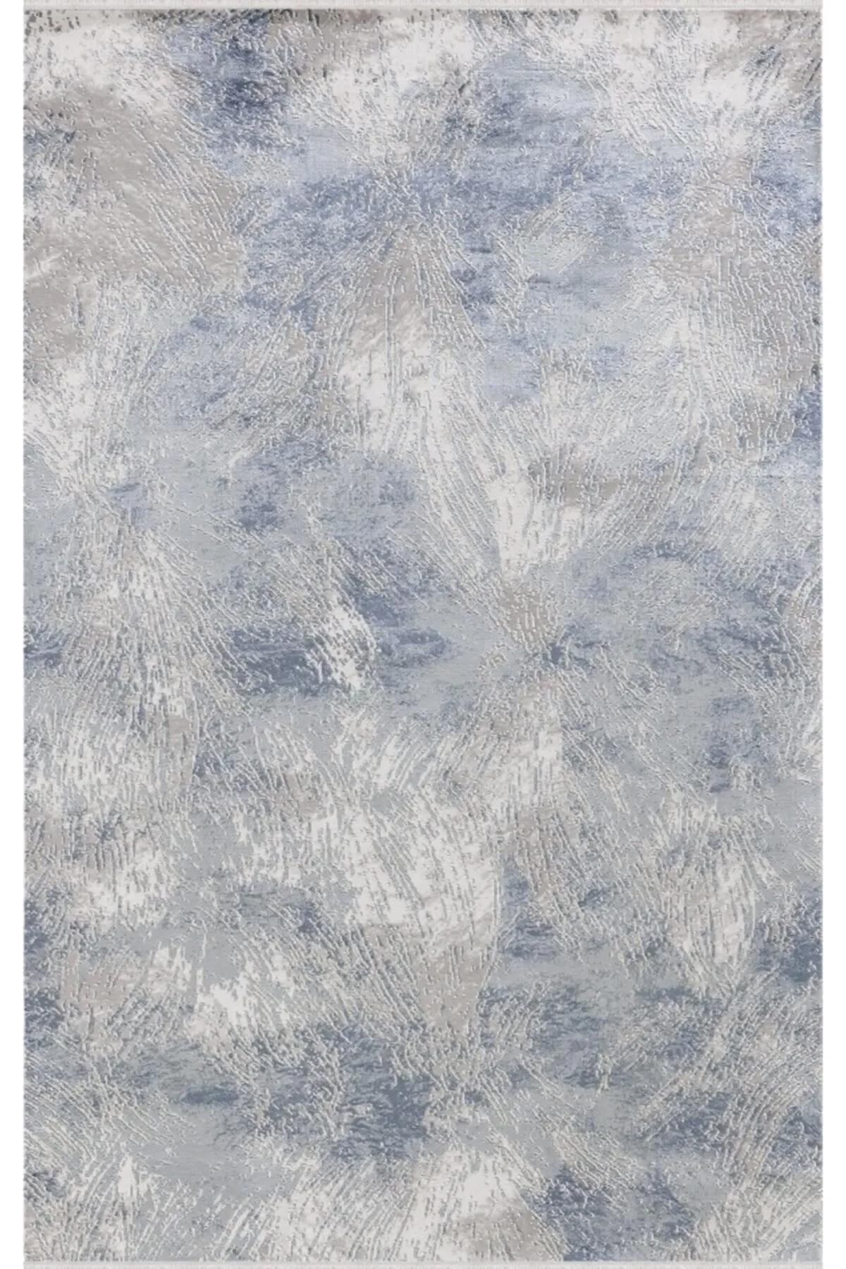 Merinos Tresor 19938 Bej - Mavi 8.5 mm Akrilik Yumuşak Yıkanabilir Kalın Kaymaz Dikdörtgen Salon Halısı 100x200 cm
