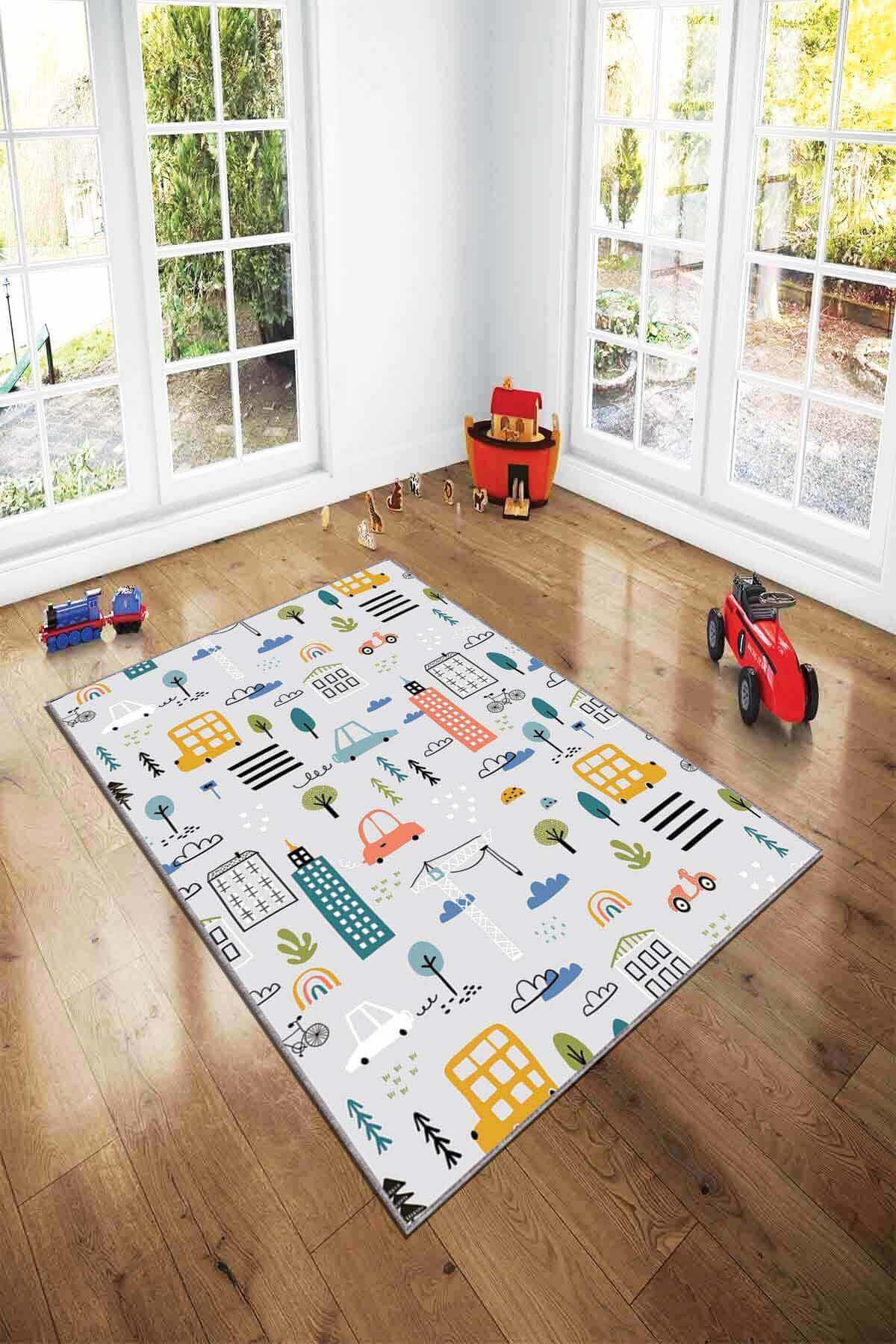 Viva Home AR057 Çok Renkli 7 mm Mikropolyester Leke Tutmaz Yıkanabilir Orta Kaymaz Dot Taban Dikdörtgen Makine Dokuma Çocuk Odası Halısı 200x300 cm