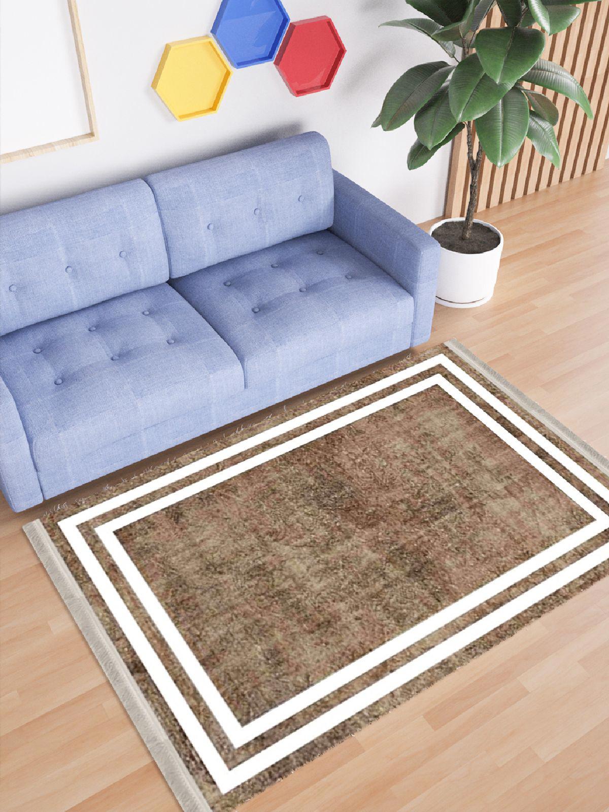 Enbe Collection E-MD0070A Beyaz Kahverengi 5 mm Pamuk Antibakteriyel Yıkanabilir Orta Kaymaz Dot Taban Dikdörtgen Makine Dokuma Oturma Odası Halısı 160x230 cm