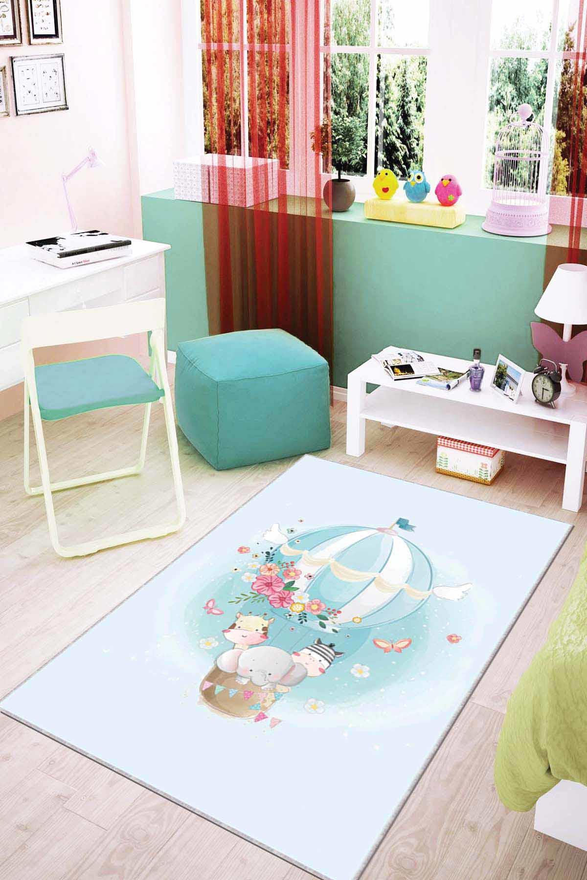 Viva Home AR082 Mavi 7 mm Mikropolyester Leke tutmaz Yıkanabilir İnce Kaymaz Dot Taban Dikdörtgen Makine Dokuma Çocuk Odası Halısı 80x150 cm