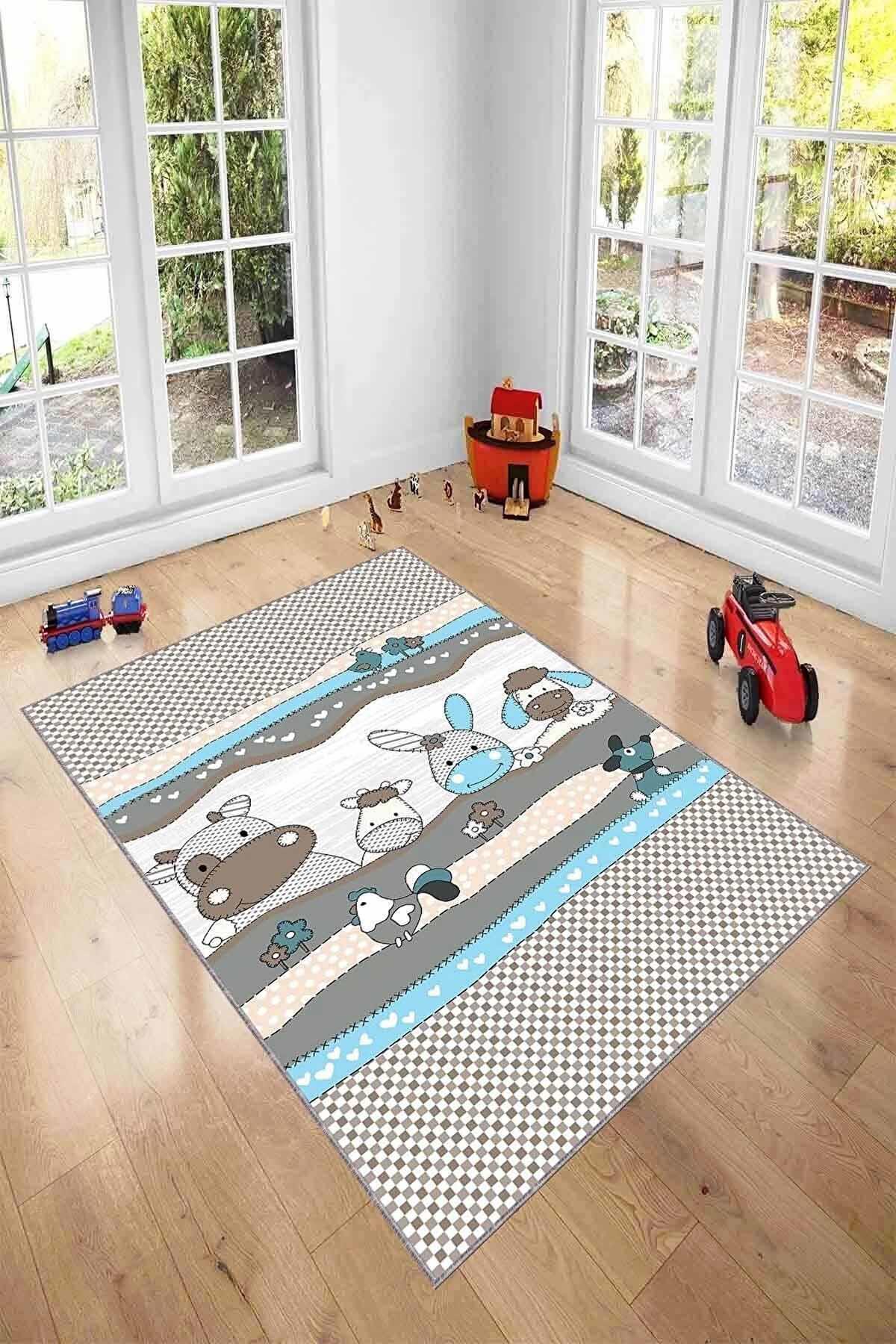 Viva Home KD022 Mavi 7 mm Mikropolyester Leke tutmaz Yıkanabilir İnce Kaymaz Dot Taban Dikdörtgen Makine Dokuma Çocuk Odası Halısı 100x150 cm
