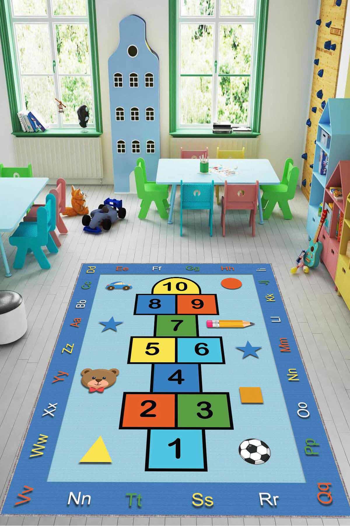 Viva Home KD94 Mavi 7 mm Mikropolyester Leke tutmaz Yıkanabilir İnce Kaymaz Dot Taban Dikdörtgen Makine Dokuma Çocuk Odası Halısı 80x150 cm