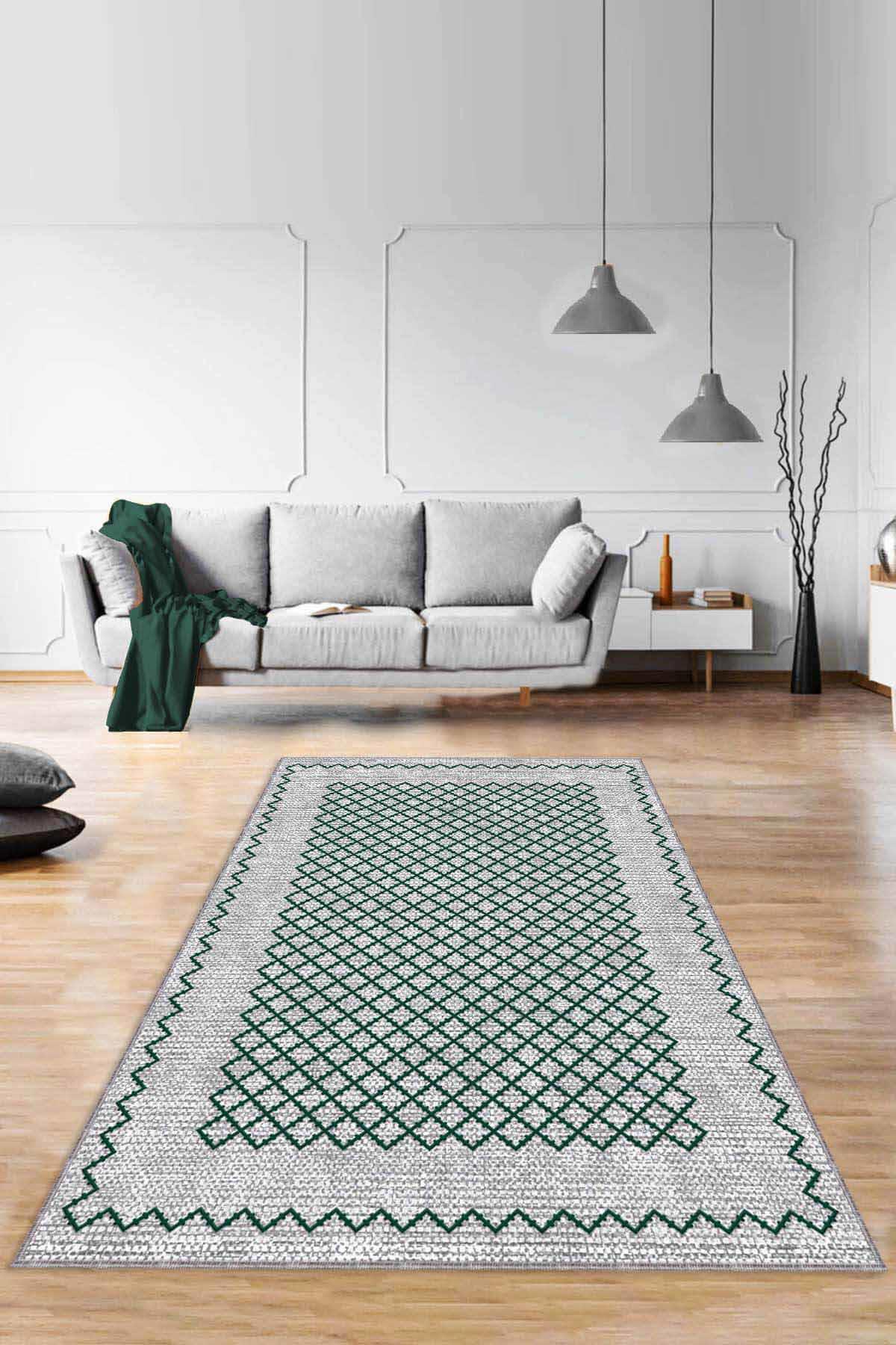 Viva Home RV176 Yeşil 7 mm Mikropolyester Yalıtıma Yardımcı Yıkanabilir İnce Kaymaz Taban Dikdörtgen Makine Dokuma Antre-Salon-Yatak Odası Halısı 180x180 cm