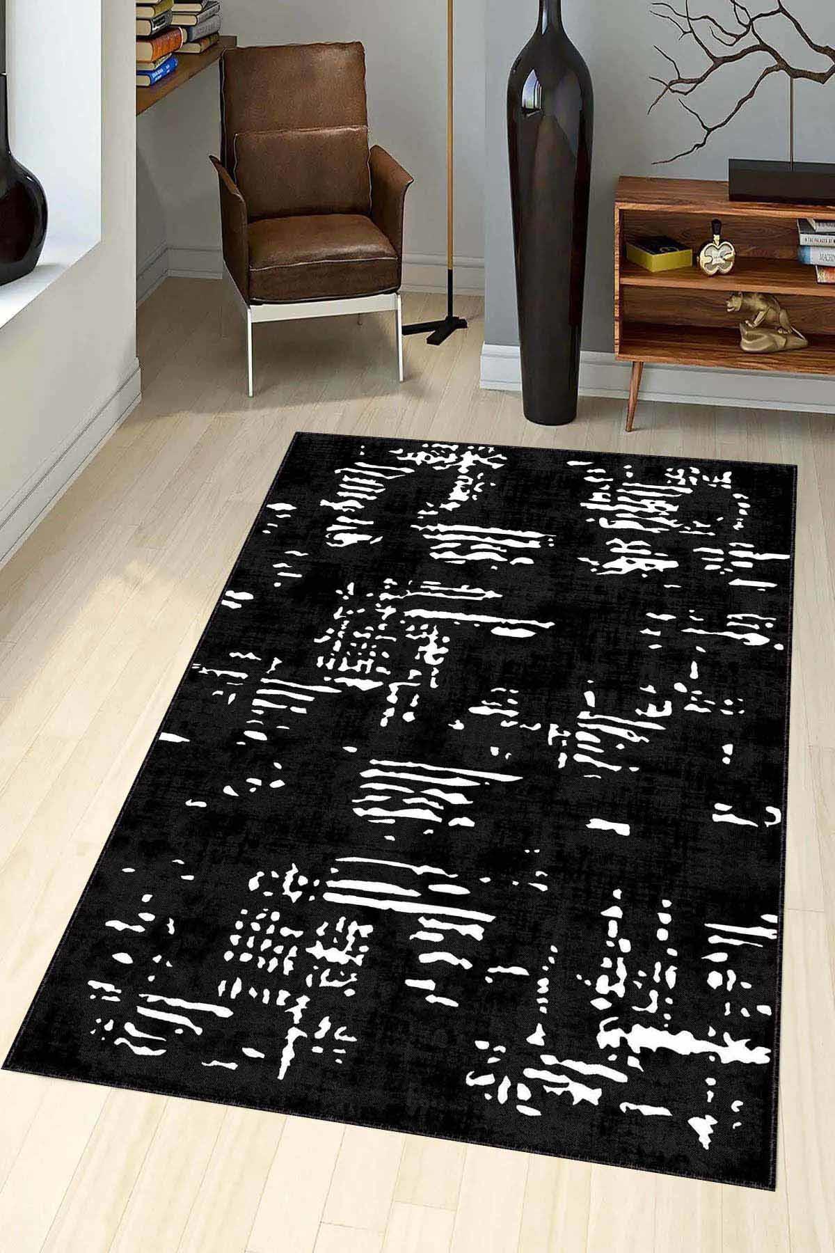 Viva Home AR525 Siyah 7 mm Mikropolyester Toz Tutmaz Yıkanabilir İnce Kaymaz Lateks Taban Dikdörtgen Makine Dokuma Salon Halısı 100x300 cm