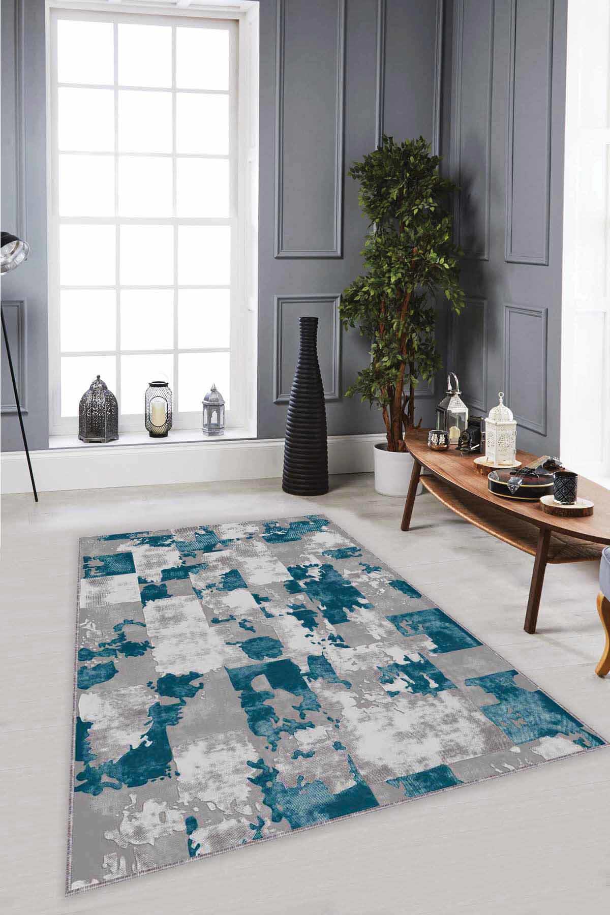 Viva Home SU09 Çok Renkli 7 mm Mikropolyester Leke Tutmaz-Yalıtıma Yardımcı Yıkanabilir İnce Kaymaz Taban Dikdörtgen Makine Dokuma Salon Halısı 60x100 cm