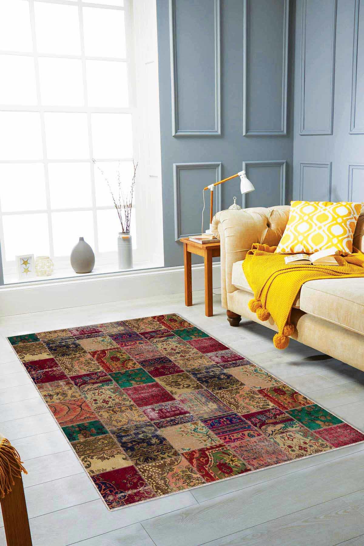Viva Home RV223 Krem 7 mm Mikropolyester Yalıtıma Yardımcı Yıkanabilir Orta Kaymaz Dot Taban Dikdörtgen Makine Dokuma Oturma Odası Halısı 200x290 cm