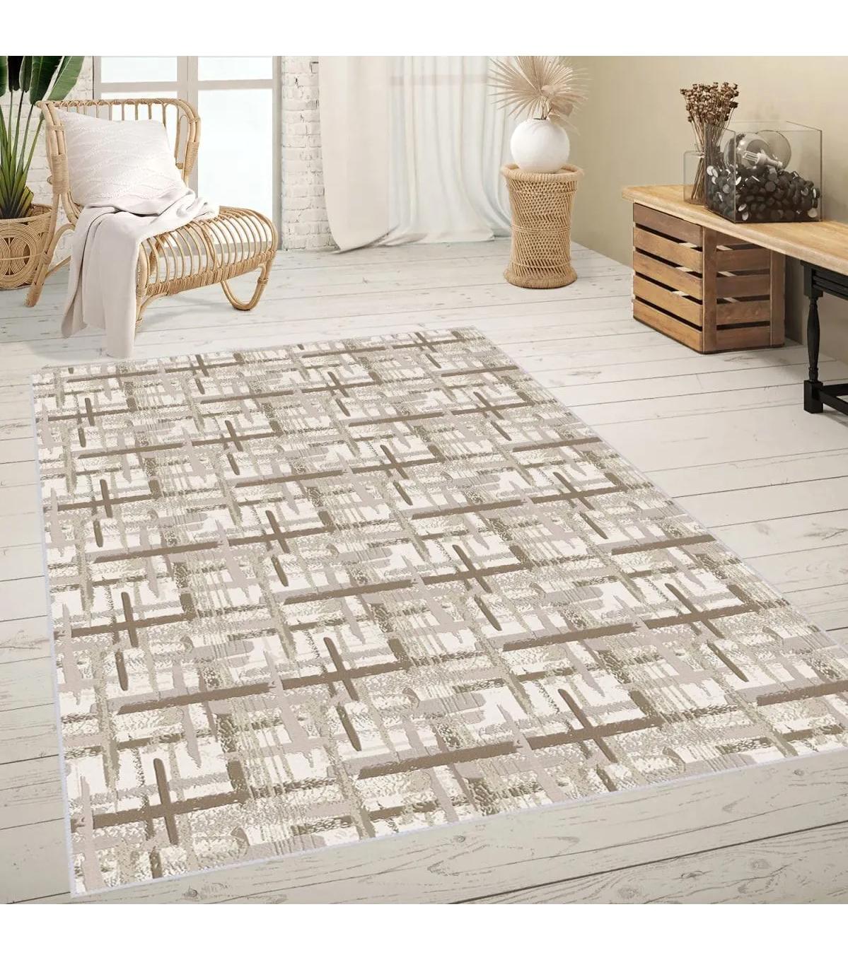 Rovigo Home RVG0657 Bej-Kahverengi 8 mm Polyester Antibakteriyel-Leke Tutmaz-Toz Tutmaz Yıkanabilir İnce Kaymaz Dot Taban Dikdörtgen Makine Dokuma Salon Halısı 120x180 cm