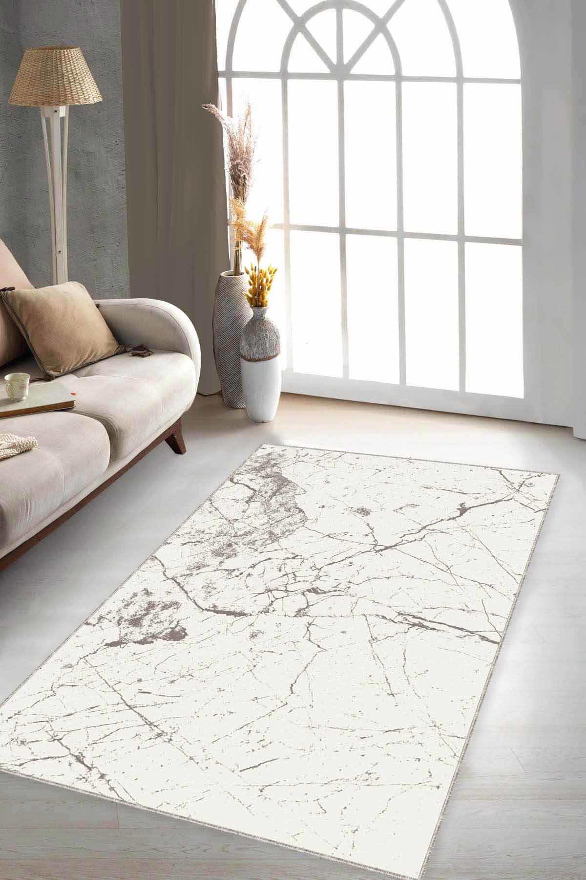 Viva Home MR08 Bej 7 mm Mikropolyester Leke Tutmaz Yıkanabilir İnce Kaymaz Dot Taban Dikdörtgen Makine Dokuma Salon Halısı 80x200 cm