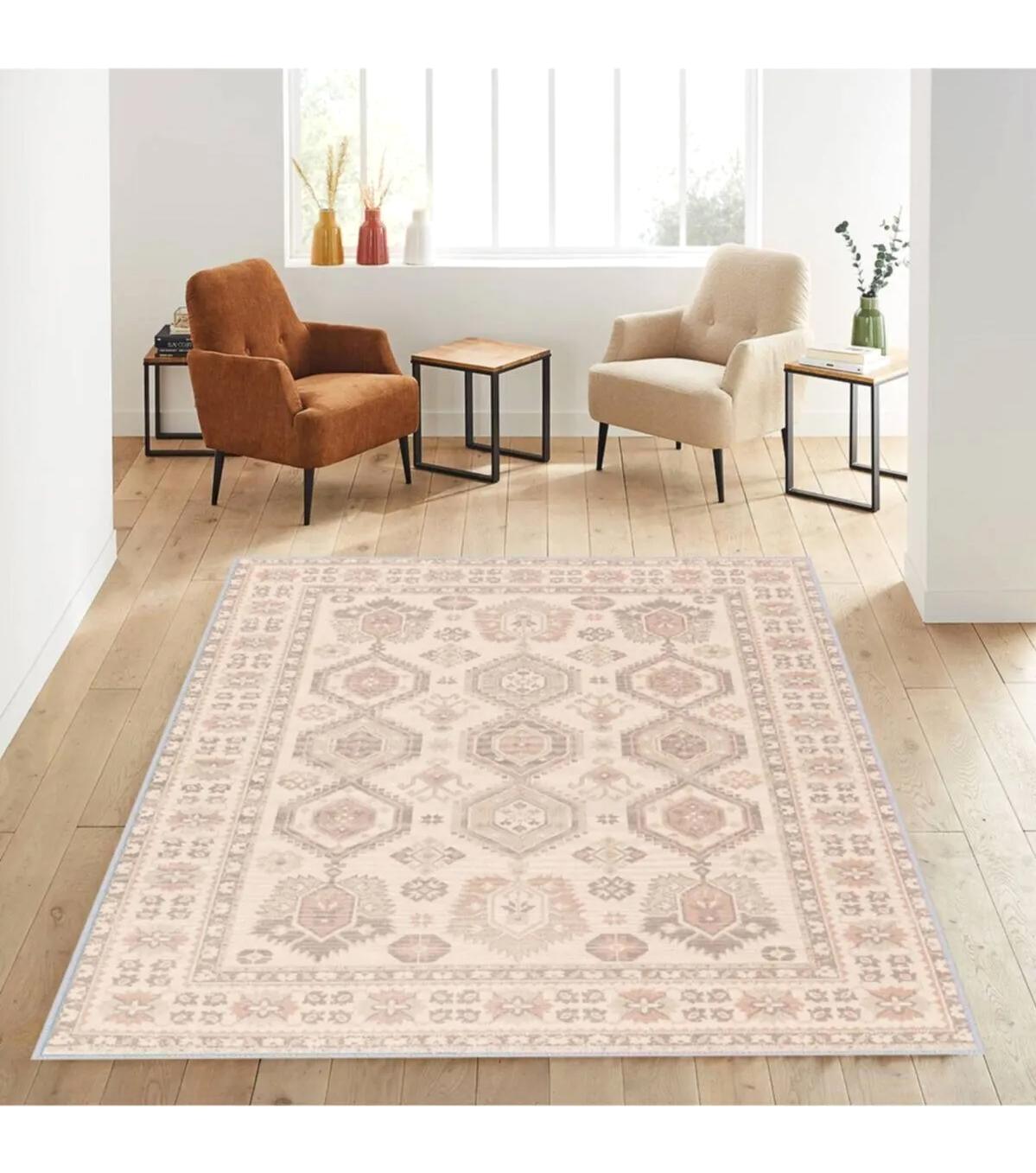 Rovigo Home RVG1144 Krem 8 mm Polyester Leke Tutmaz-Toz Tutmaz Yıkanabilir İnce Kaymaz Dot Taban Dikdörtgen Makine Dokuma Salon Halısı 80x150 cm