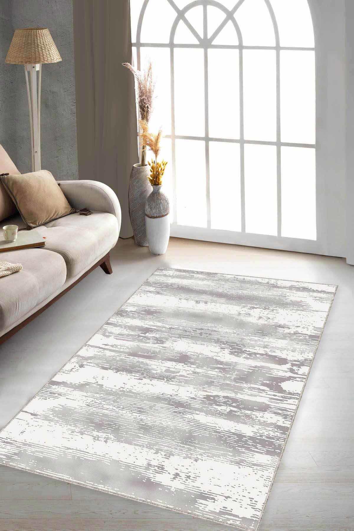 Viva Home MU002 Bej 7 mm Mikropolyester Leke Tutmaz Yıkanabilir İnce Kaymaz Dot Taban Dikdörtgen Makine Dokuma Salon Halısı 160x300 cm
