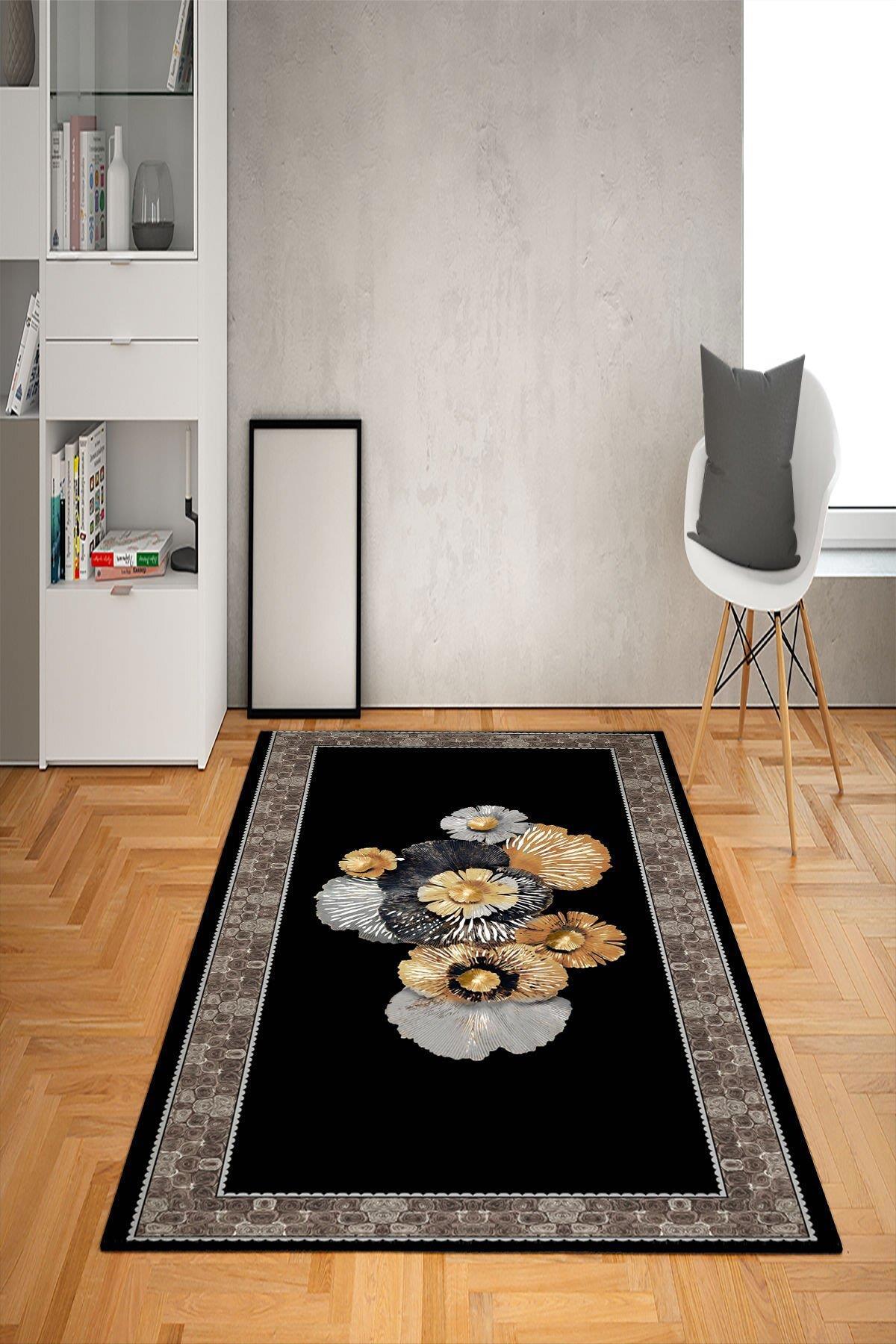 Doruklar Home Collection Krem 0.7 mm Antibakteriyel Yıkanabilir Kalın Kaymaz Taban Çiçek Desenli Dikdörtgen Makine Dokuma Salon Halısı 120x180 cm
