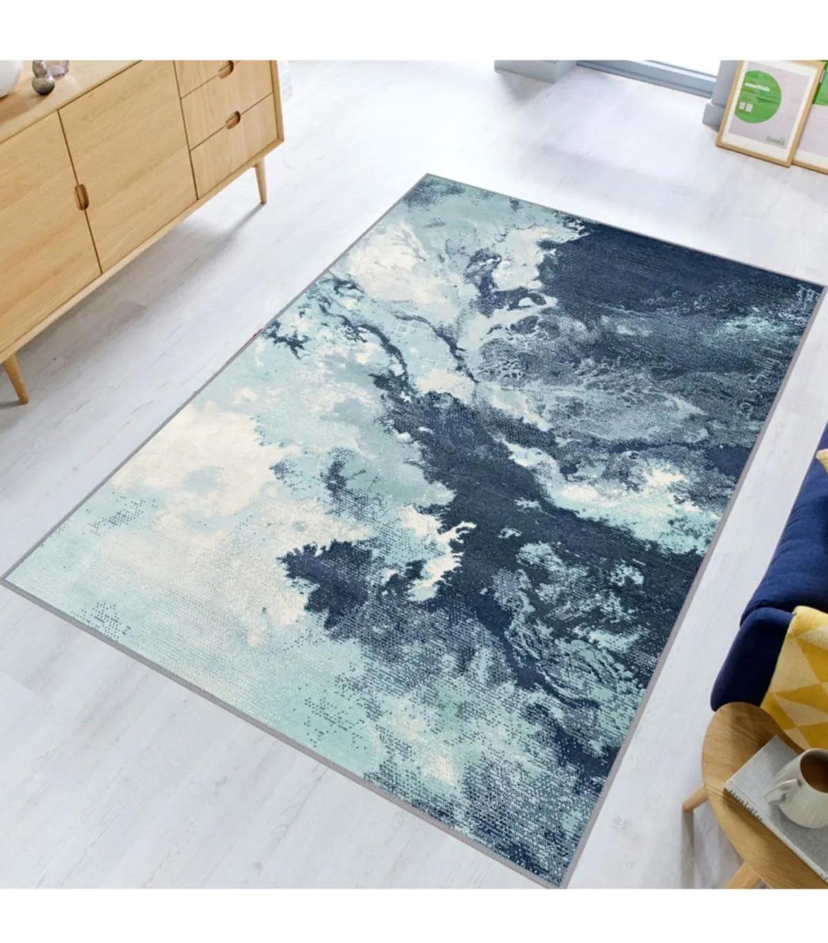 Rovigo Home RVG1804 Beyaz-Mavi 8 mm Polyester Antibakteriyel-Leke Tutmaz-Toz Tutmaz Yıkanabilir İnce Kaymaz Dot Taban Dikdörtgen Makine Dokuma Salon Halısı 160x230 cm