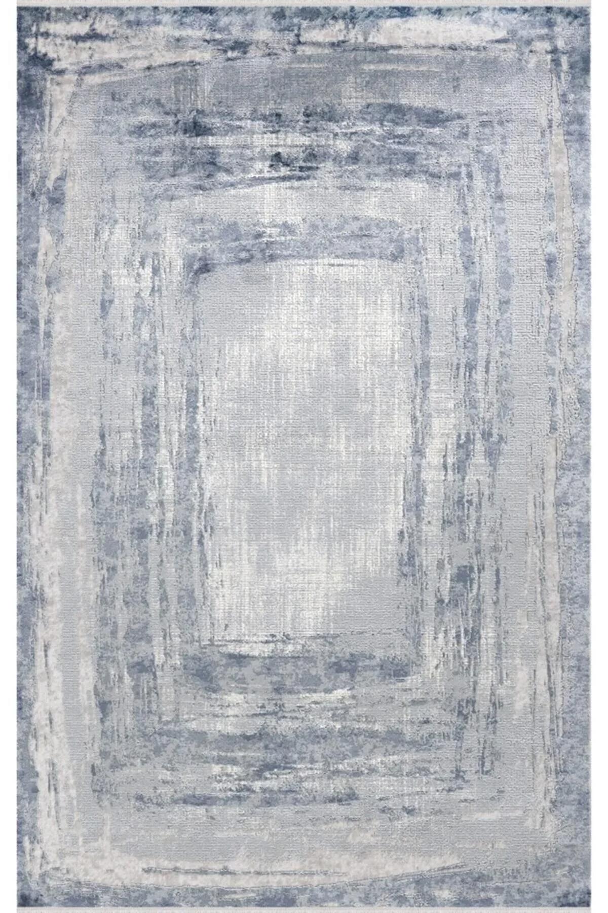 Merinos Tresor 19936 Bej - Mavi 8.5 mm Akrilik Yumuşak Yıkanabilir Kalın Kaymaz Dikdörtgen Makine Dokuma Salon Halısı 100x150 cm