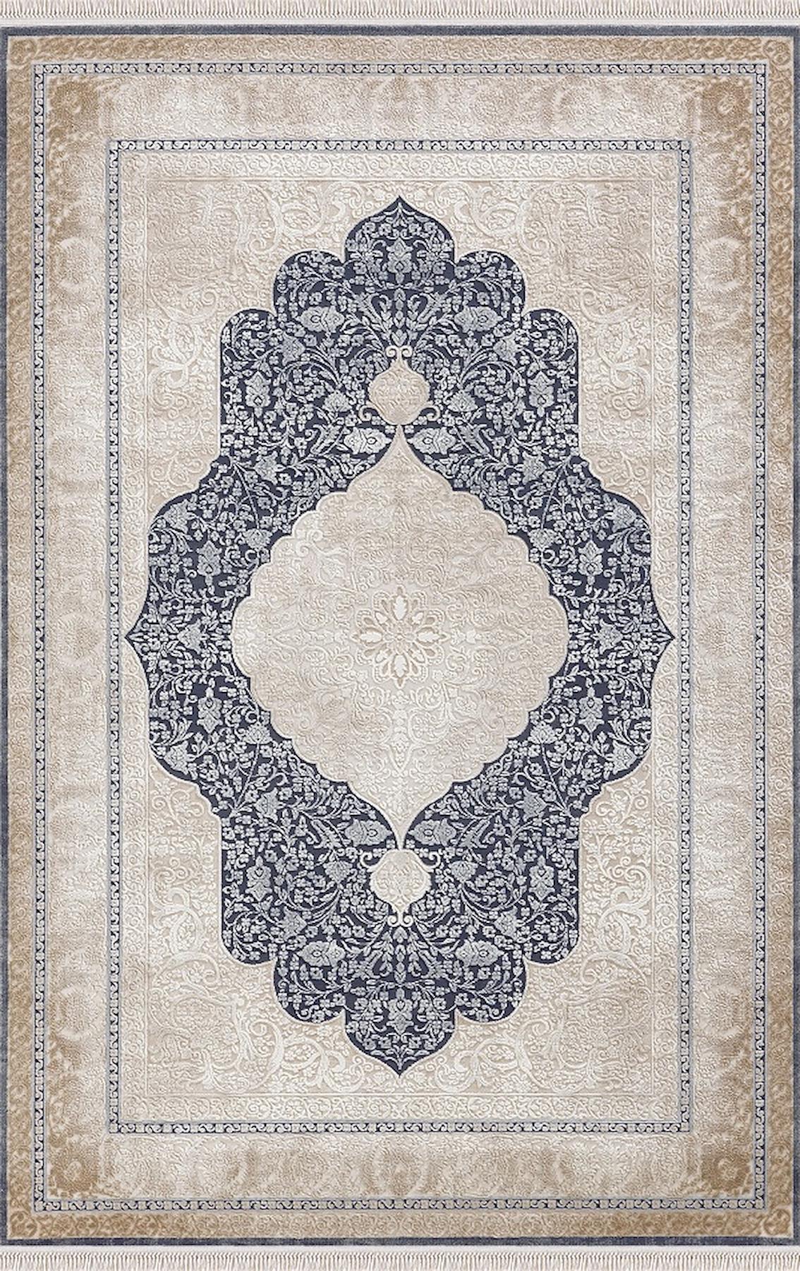 Merinos Rodin 19776 Krem Lacivert 11 mm Akrilik Toz Tutmaz Yıkanabilir Kalın Kaymaz Dikdörtgen Makine Dokuma Salon Halısı 120x180 cm