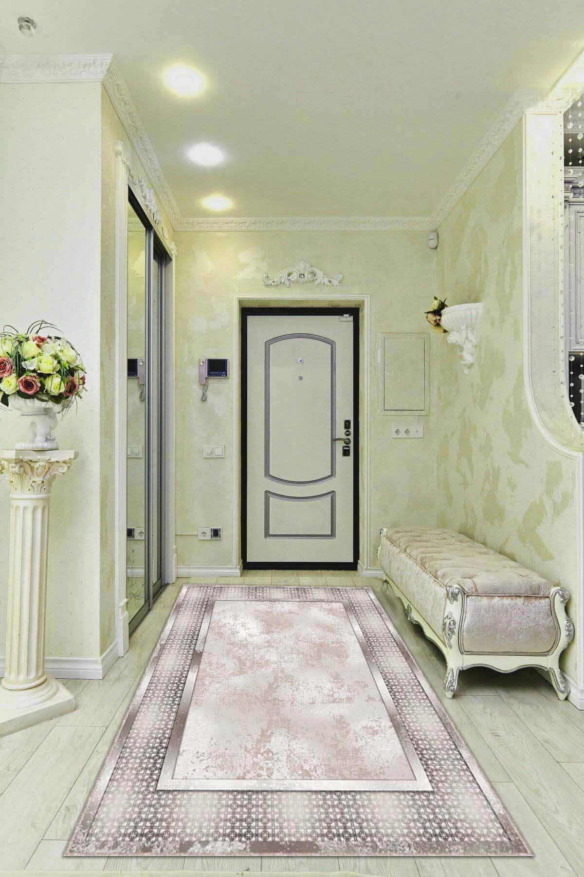 Viva Home AR714 Bej 7 mm Mikropolyester Yıkanabilir İnce Kaymaz Jüt Taban Dikdörtgen Makine Dokuma Salon Halısı 80x300 cm