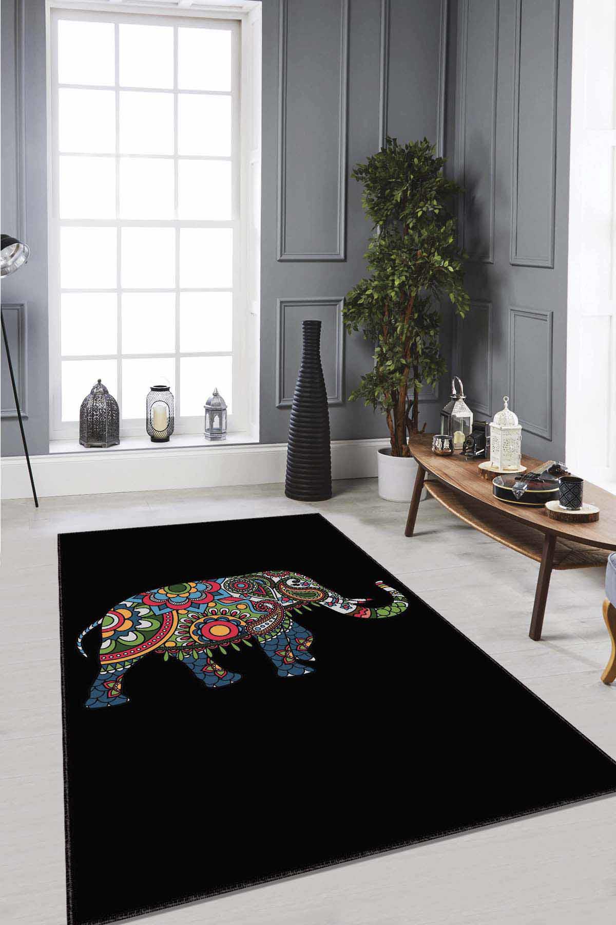 Viva Home RV239 Siyah 7 mm Mikropolyester Antibakteriyel Yıkanabilir Kalın Kaymaz Lateks Taban Dikdörtgen Makine Dokuma Salon Halısı 100x200 cm