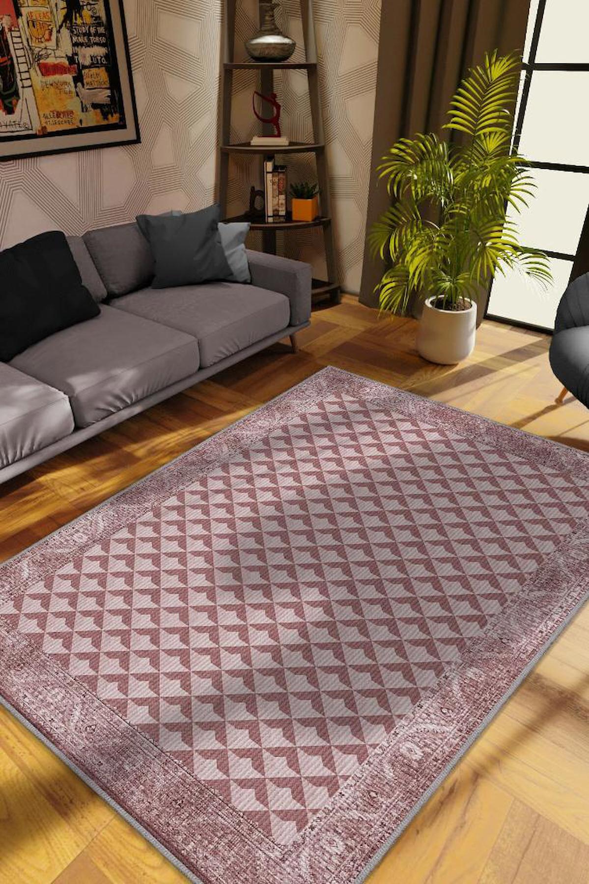 Homshtag Pembe 4 mm Pamuk Antistatik Yıkanabilir İnce Kaymaz Dikdörtgen Makine Dokuma Salon Halısı 120x120 cm
