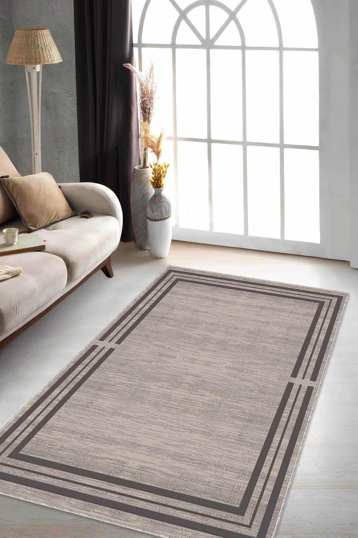 Viva Home RV083 Bej 7 mm Mikropolyester Yıkanabilir İnce Kaymaz Jüt Taban Dikdörtgen Makine Dokuma Salon Halısı 100x300 cm