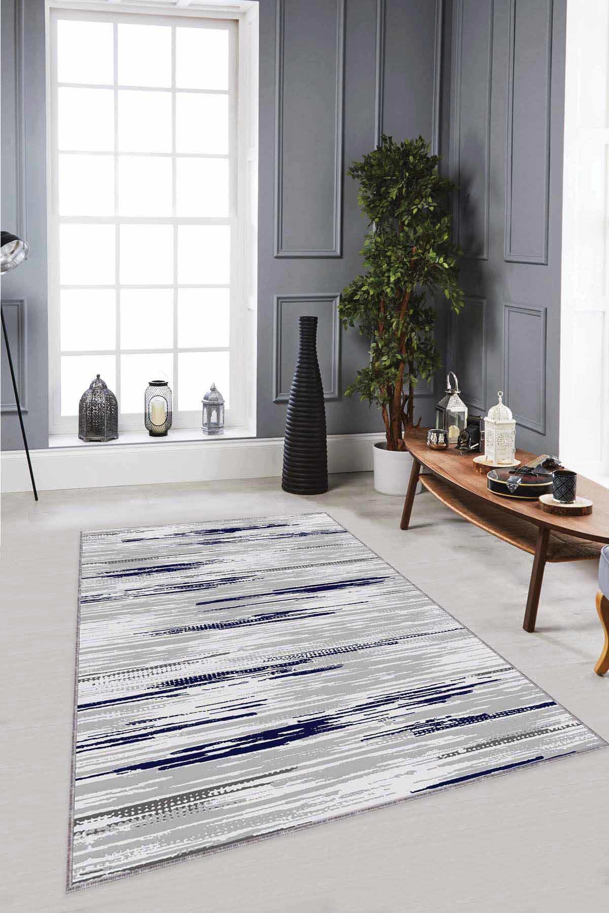 Viva Home TA02 Lacivert 7 mm Mikropolyester Leke tutmaz Yıkanabilir İnce Kaymaz Dot Taban Dikdörtgen Makine Dokuma Salon Halısı 150x220 cm