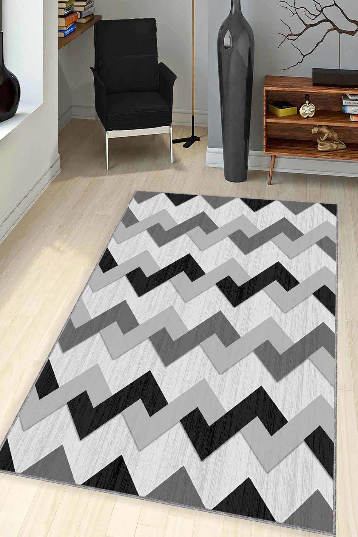 Viva Home KN09 Gri 7 mm Mikropolyester Toz Tutmaz Yıkanabilir İnce Kaymaz Dot Taban Dikdörtgen Makine Dokuma Salon Halısı 120x180 cm