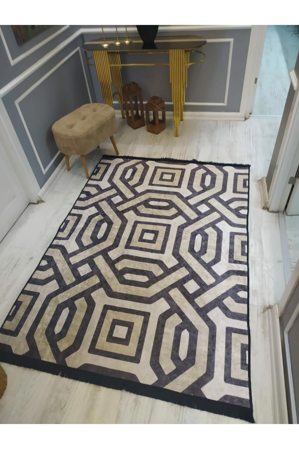 Doruklar Home Collection Bej-Siyah 0.7 mm Yıkanabilir Kaymaz Taban Geometrik Dikdörtgen Makine Dokuma Halı 170x230 cm