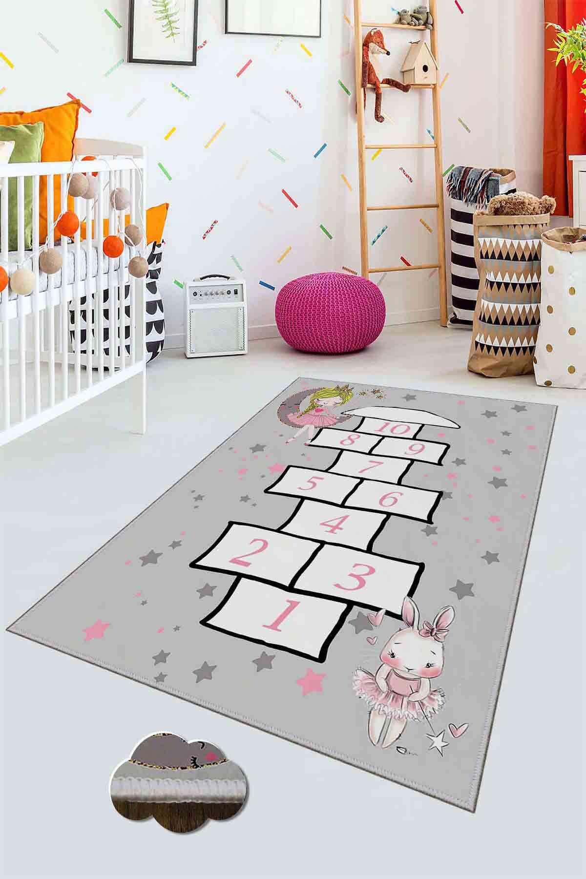 Homefesto Krem 5 mm Polyester Leke Tutmaz Yıkanabilir İnce Kaymaz Taban Eğitici Dikdörtgen Makine Dokuma Çocuk Odası Halısı 100x300 cm