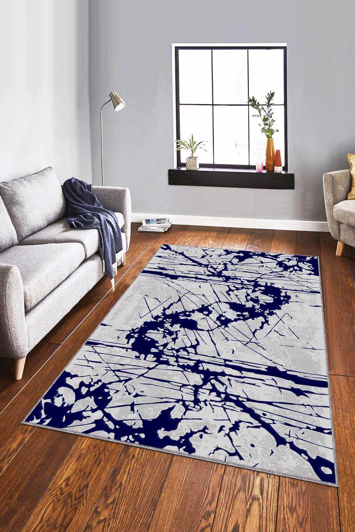 Viva Home EF003 Lacivert 7 mm Mikropolyester Antibakteriyel Yıkanabilir İnce Kaymaz Dot Taban Dikdörtgen Makine Dokuma Salon Halısı 80x500 cm