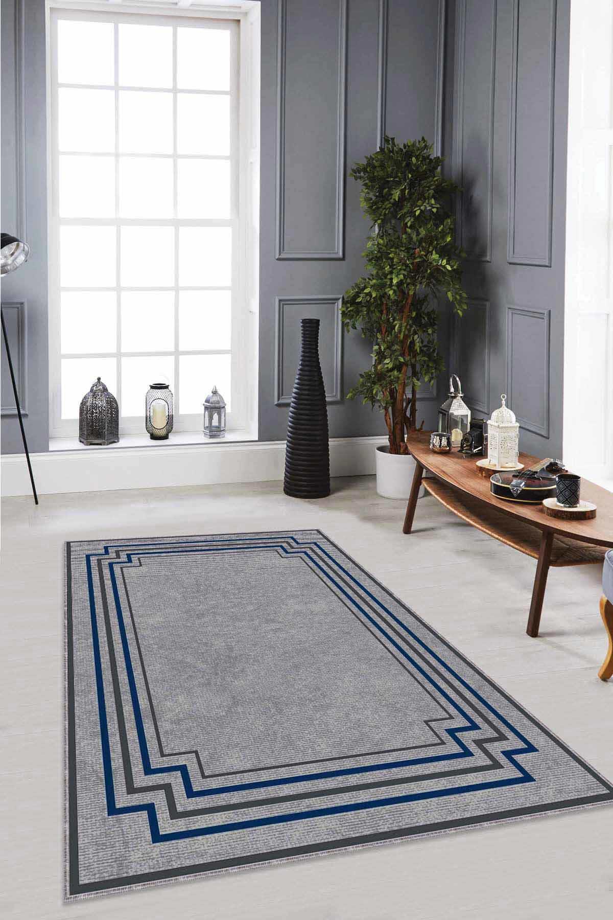 Viva Home RV050 Lacivert 7 mm Mikropolyester Leke tutmaz Yıkanabilir İnce Kaymaz Dikdörtgen Makine Dokuma Salon Halısı 140x200 cm