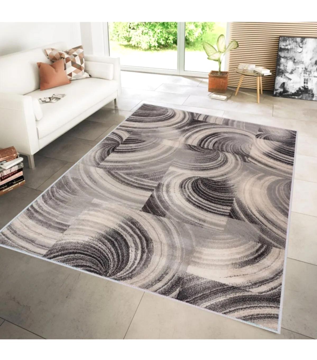 Rovigo Home RVG1192 Krem 8 mm Polyester Leke Tutmaz-Toz Tutmaz Yıkanabilir İnce Kaymaz Dot Taban Dikdörtgen Makine Dokuma Salon Halısı 100x200 cm