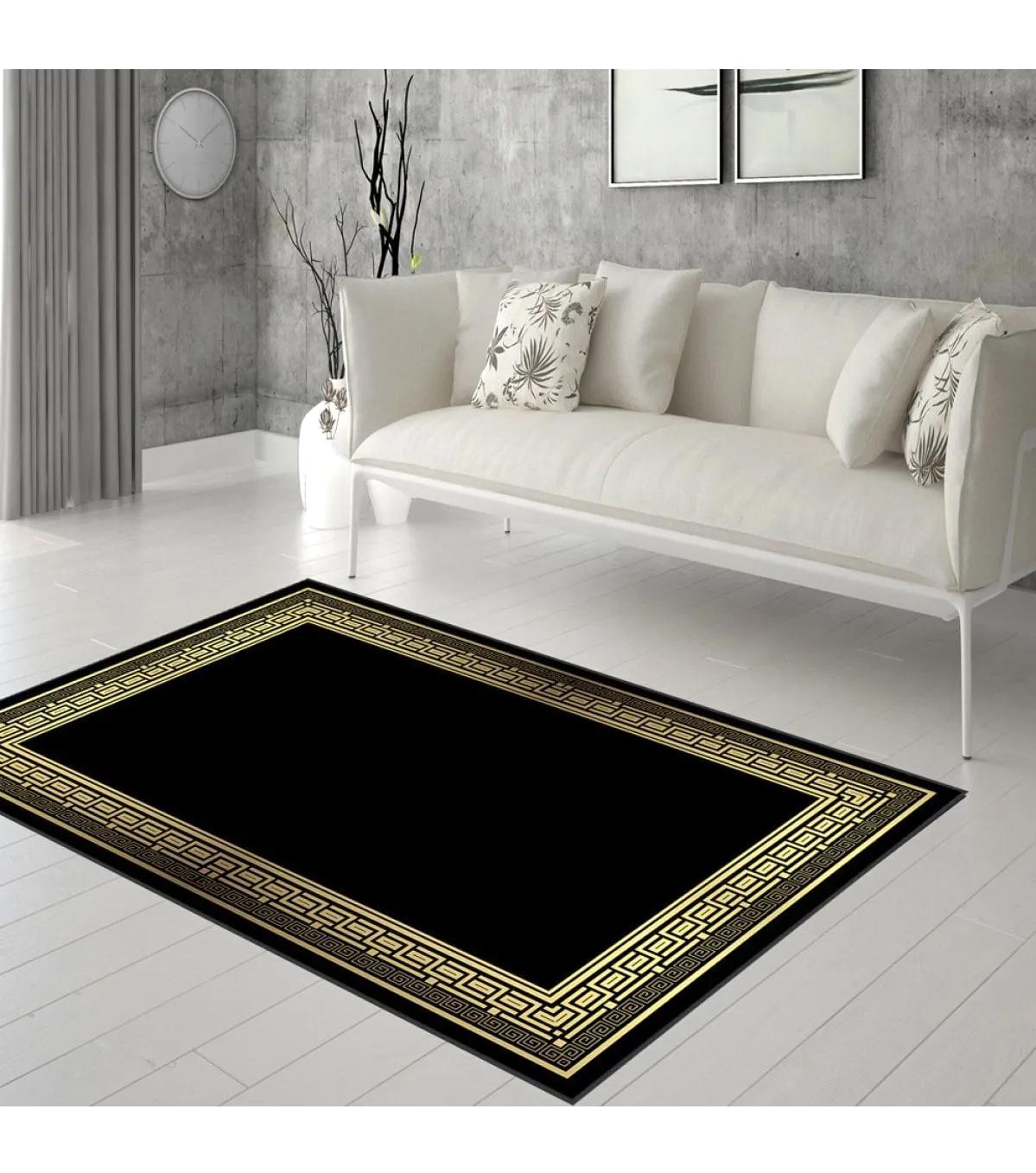 Rovigo Home RVG0290-SD565 Altın-Siyah 8 mm Polyester Leke Tutmaz-Toz Tutmaz Yıkanabilir İnce Kaymaz Dot Taban Dikdörtgen Makine Dokuma Salon Halısı 80x500 cm