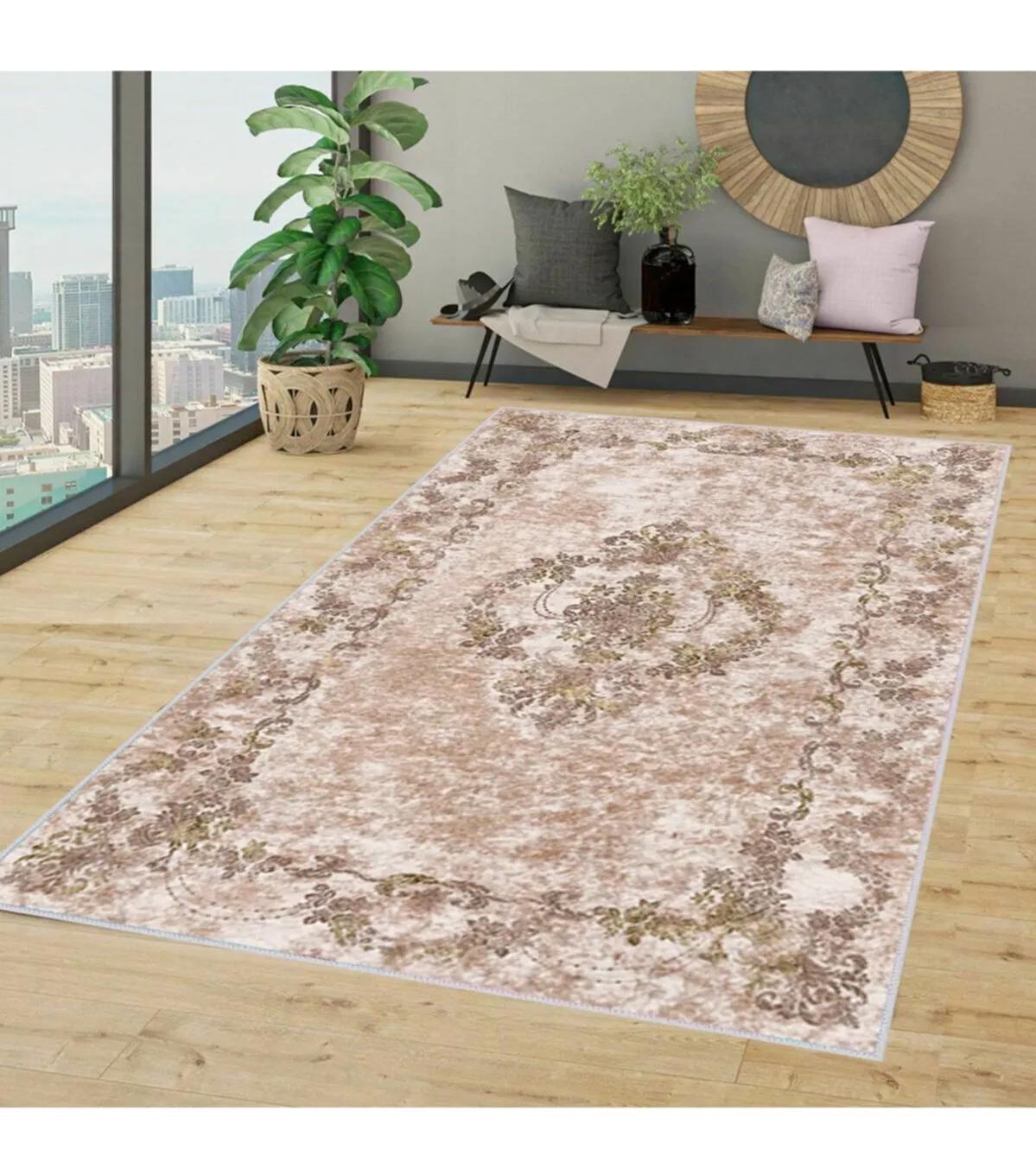 Rovigo Home RVG1348-HT341 Krem 8 mm Polyester Leke Tutmaz-Toz Tutmaz Yıkanabilir İnce Kaymaz Dot Taban Dikdörtgen Makine Dokuma Salon Halısı 180x280 cm
