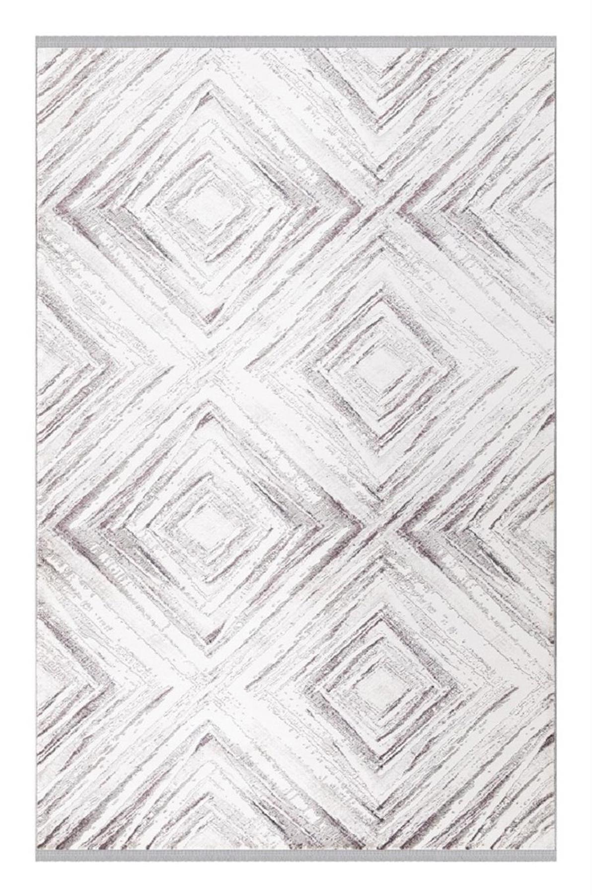 İpek Mekik Halı Anisa 15536 Beyaz 10 mm Akrilik Yıkanabilir Orta Kaymaz Pamuk Taban Geometrik Dikdörtgen Makine Dokuma Antre-Çocuk Odası-Salon-Yatak Odası Halısı 80x300 cm