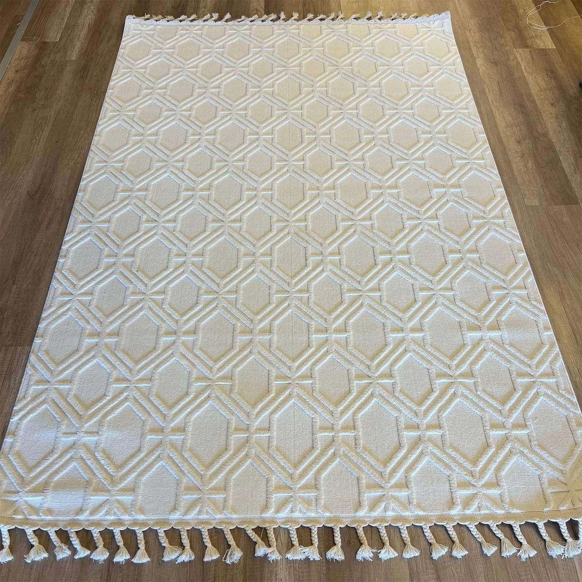 İpek Mekik Halı Lux 11710 Krem 13 mm Polyester Antialerjenik Yıkanabilir Kalın Kaymaz Dikdörtgen Makine Dokuma Antre-Çocuk Odası-Salon-Yatak Odası Halısı 80x300 cm