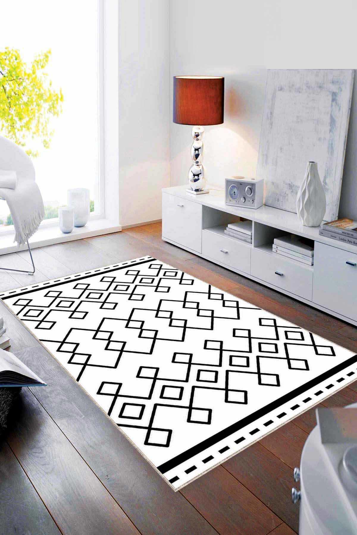 Viva Home MRC03 Beyaz - Siyah 7 mm Mikropolyester Leke Tutmaz Yıkanabilir İnce Kaymaz Dot Taban Dikdörtgen Makine Dokuma Salon Halısı 160x230 cm