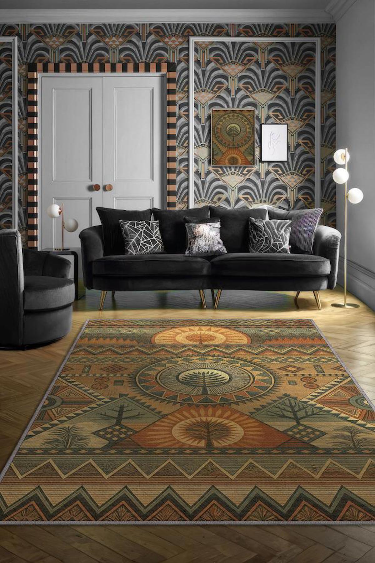 Homshtag Afro Temalı Krem 4 mm Polyester Antistatik Yıkanabilir İnce Kaymaz Dikdörtgen Makine Dokuma Salon Halısı 200x290 cm