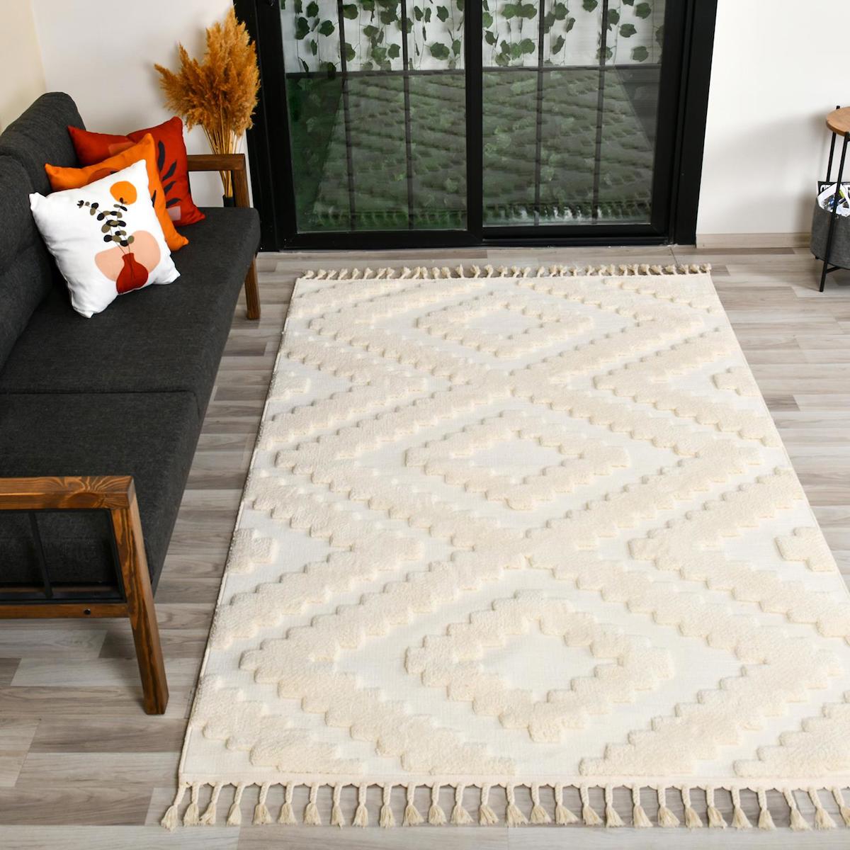 Giza Home Madu 1301T Krem 20 mm Polyester Antibakteriyel Yıkanabilir Kalın Kaymaz Geometrik Dikdörtgen Makine Dokuma Oturma Odası-Salon Halısı 80x500 cm