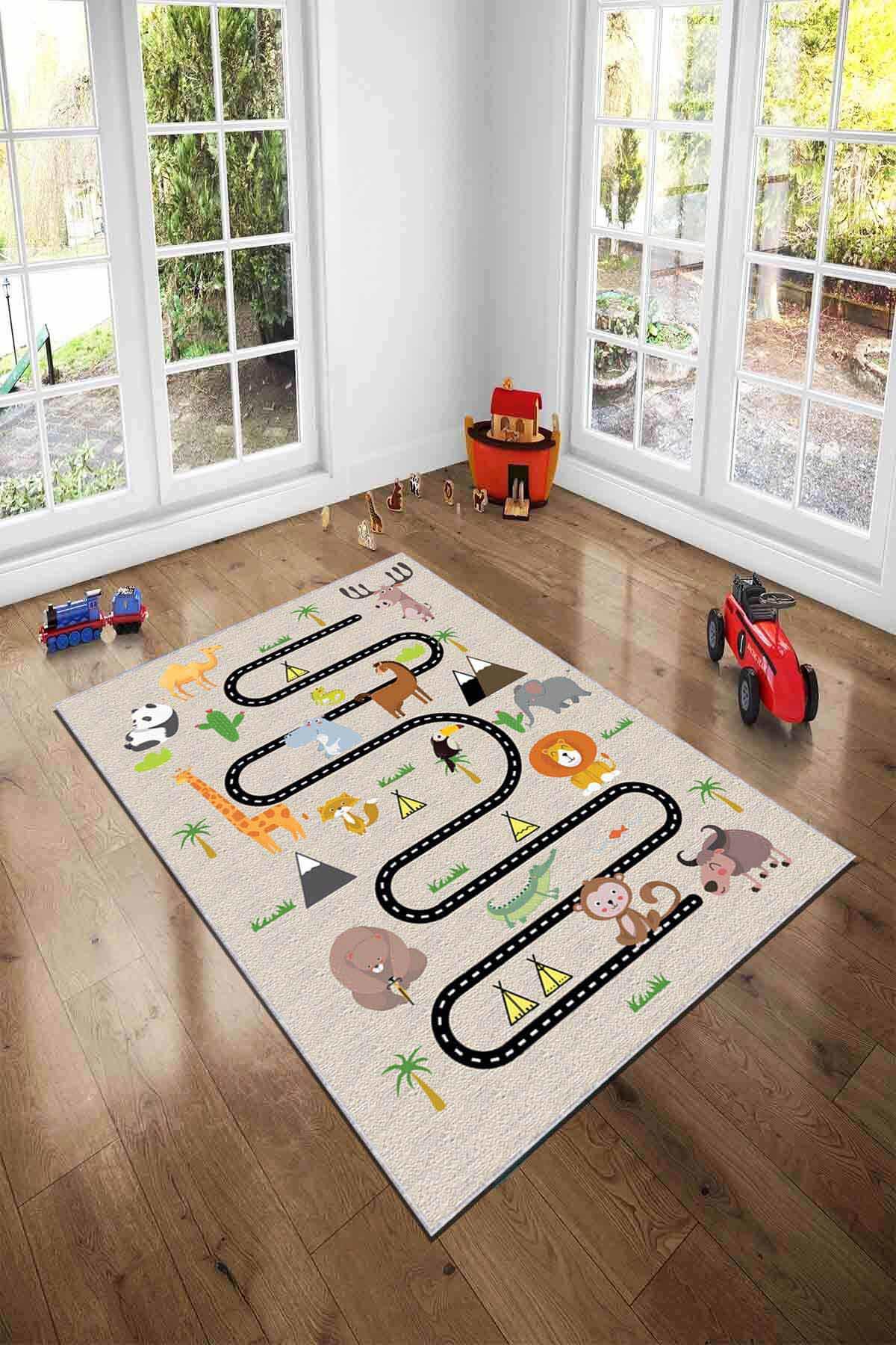 Viva Home AR234 Bej 7 mm Mikropolyester Leke Tutmaz Yıkanabilir İnce Kaymaz Dot Taban Dikdörtgen Makine Dokuma Çocuk Odası Halısı 120x160 cm