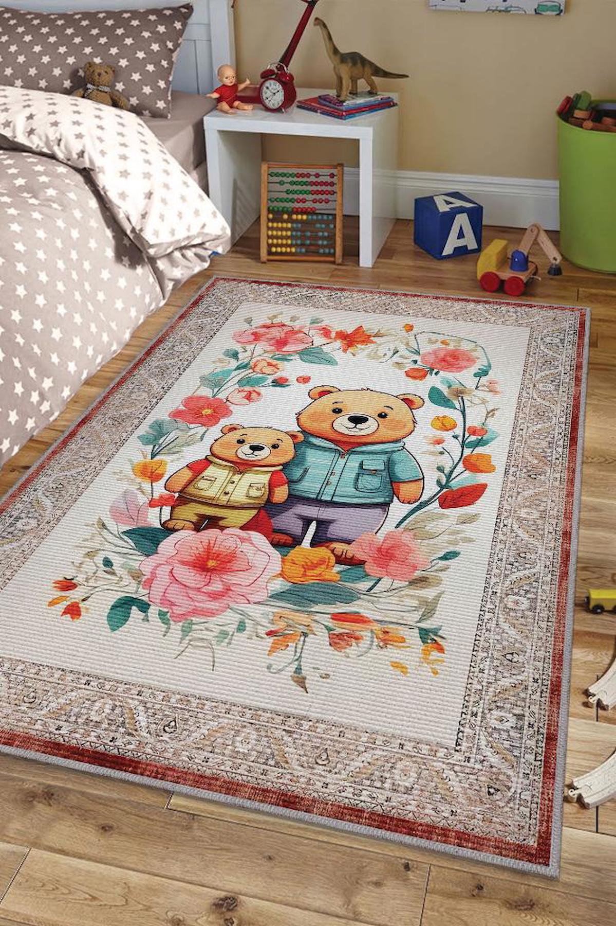 Homshtag Krem 4 mm Pamuk Antistatik Yıkanabilir İnce Kaymaz Geometrik Dikdörtgen Makine Dokuma Çocuk Odası Halısı 80x150 cm